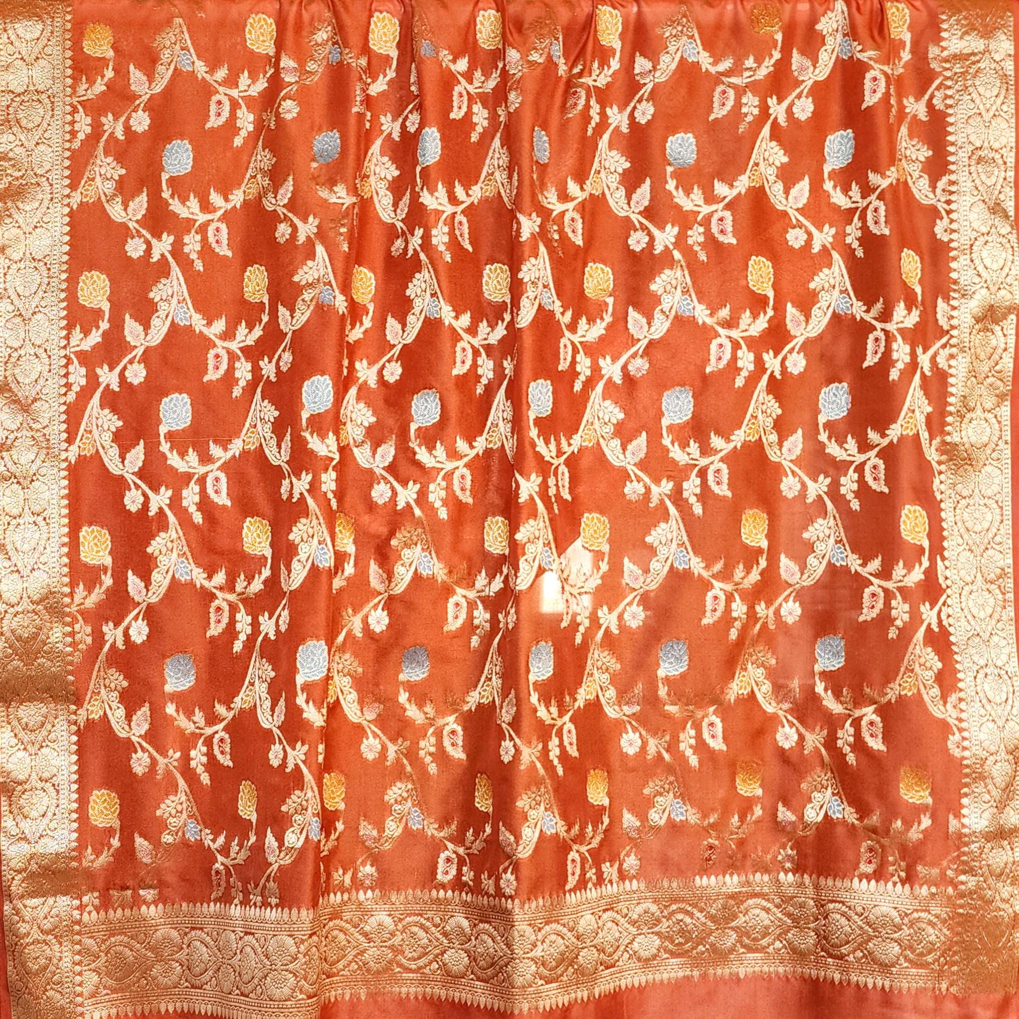 Rust Orange Banarasi Silk Dupatta with Gold Zari Border & Multicolor Meenakari Work