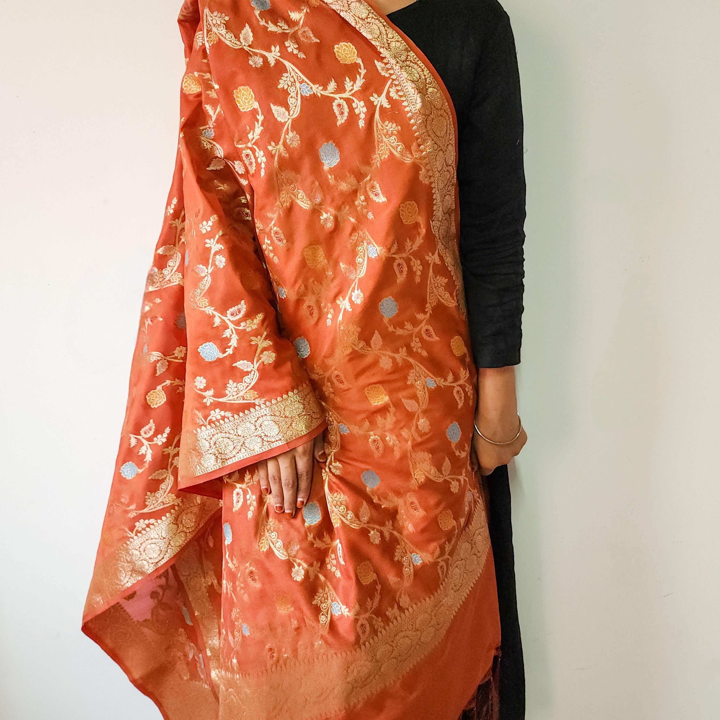 Rust Orange Banarasi Silk Dupatta with Gold Zari Border & Multicolor Meenakari Work