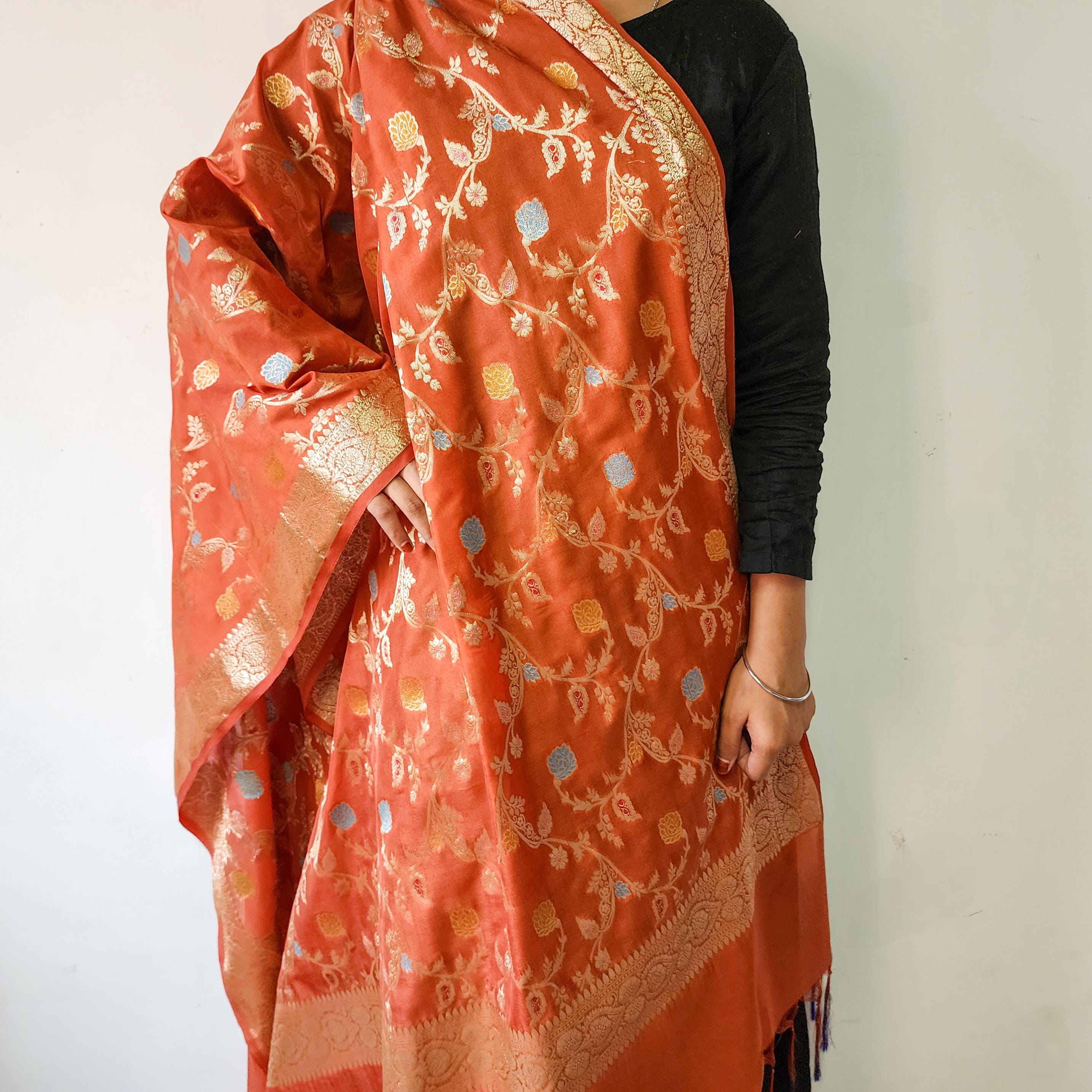 Rust Orange Banarasi Silk Dupatta with Gold Zari Border & Multicolor Meenakari Work