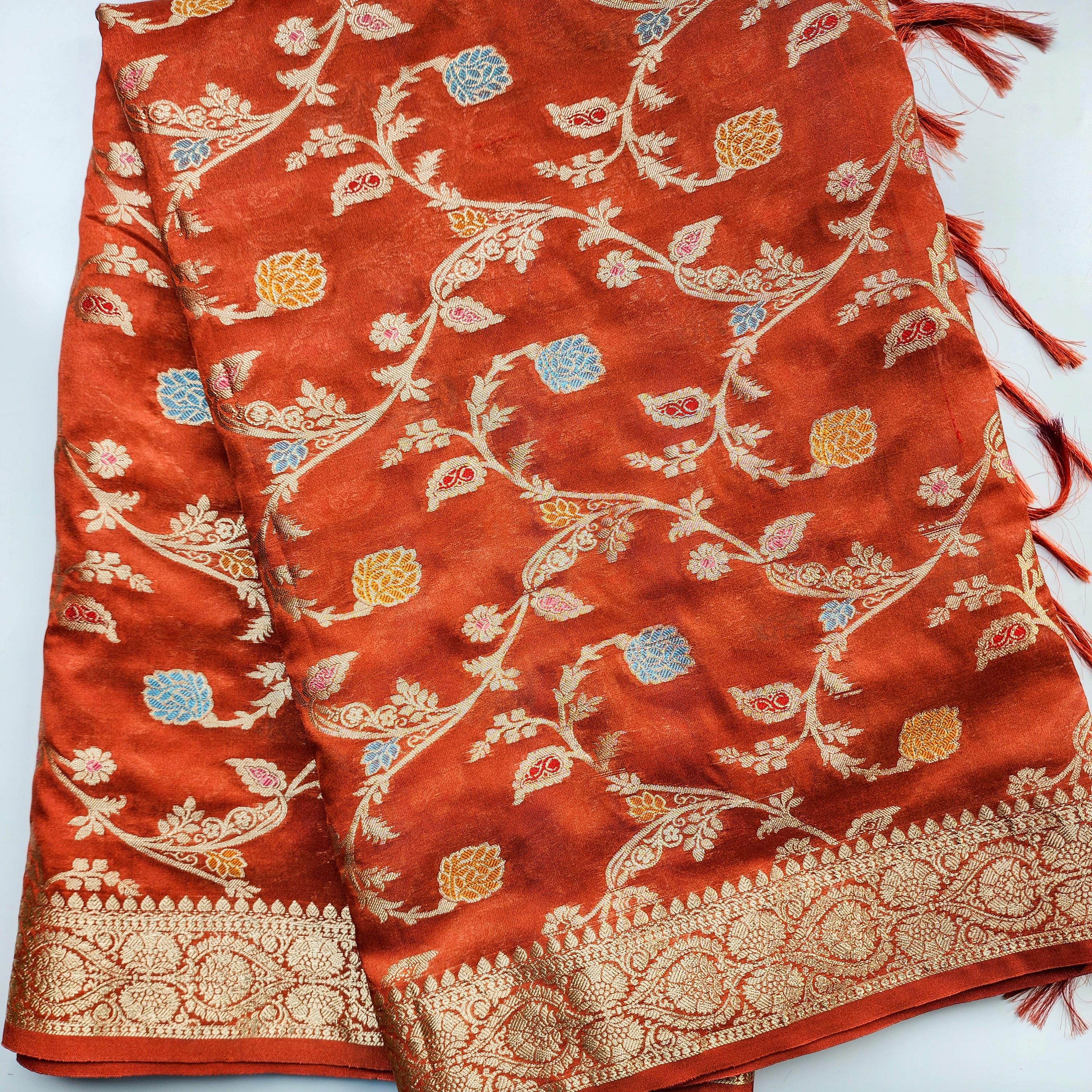 Rust Orange Banarasi Silk Dupatta with Gold Zari Border & Multicolor Meenakari Work