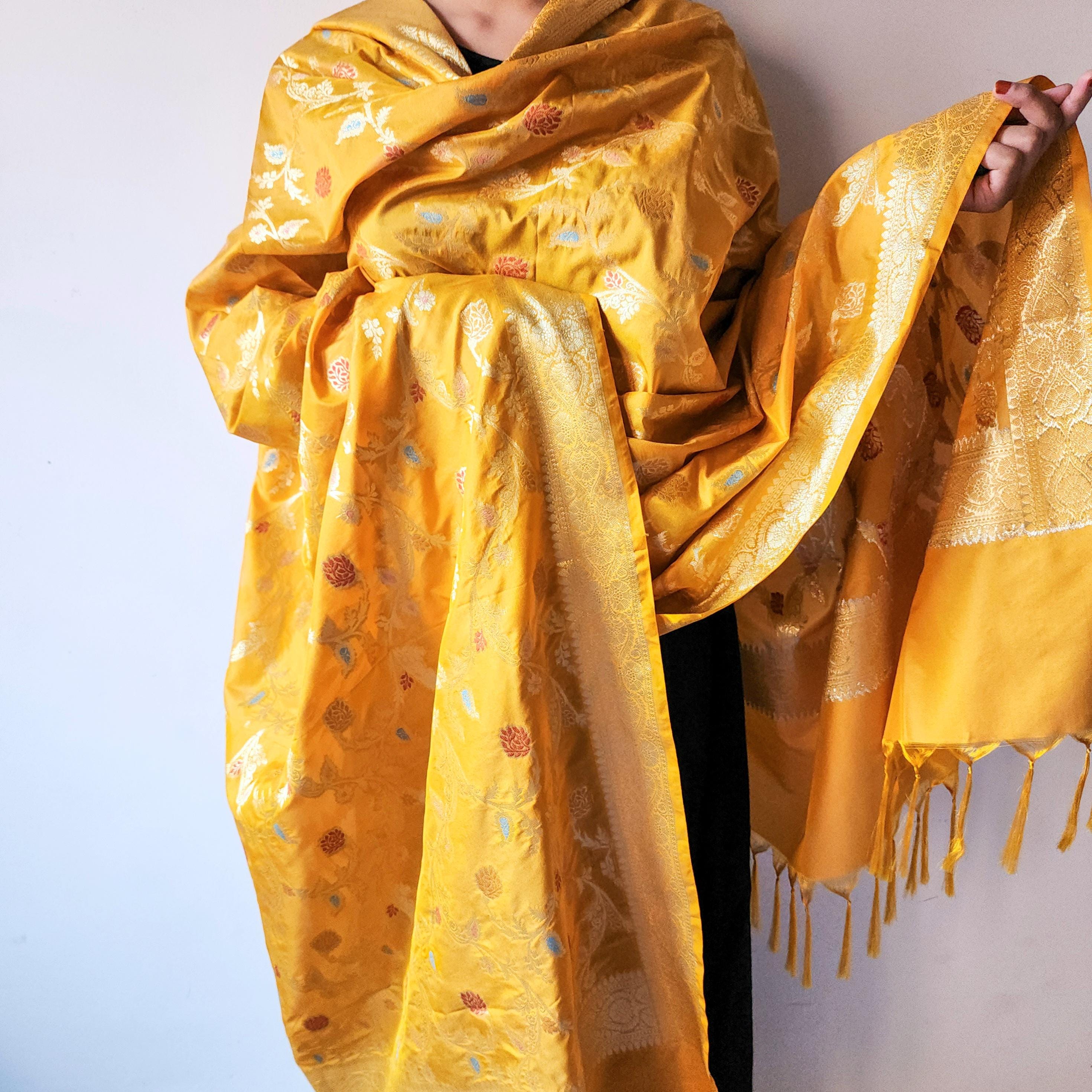 Golden Yellow Banarasi Silk Dupatta with Multicolor Meenakari Work and Zari Border