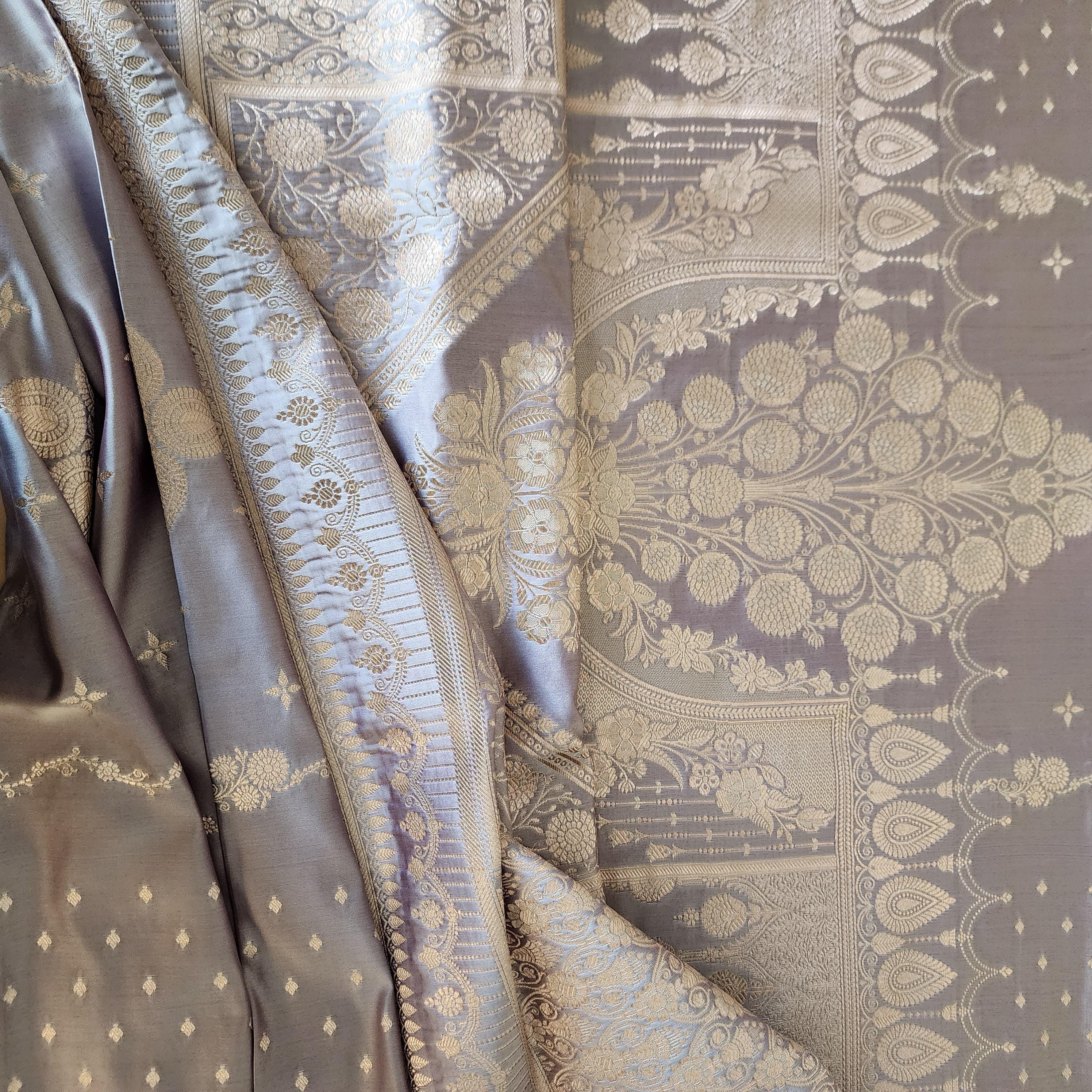 Grayish Purple Banarasi Katan Silk Saree | Light Gold Zari weaving