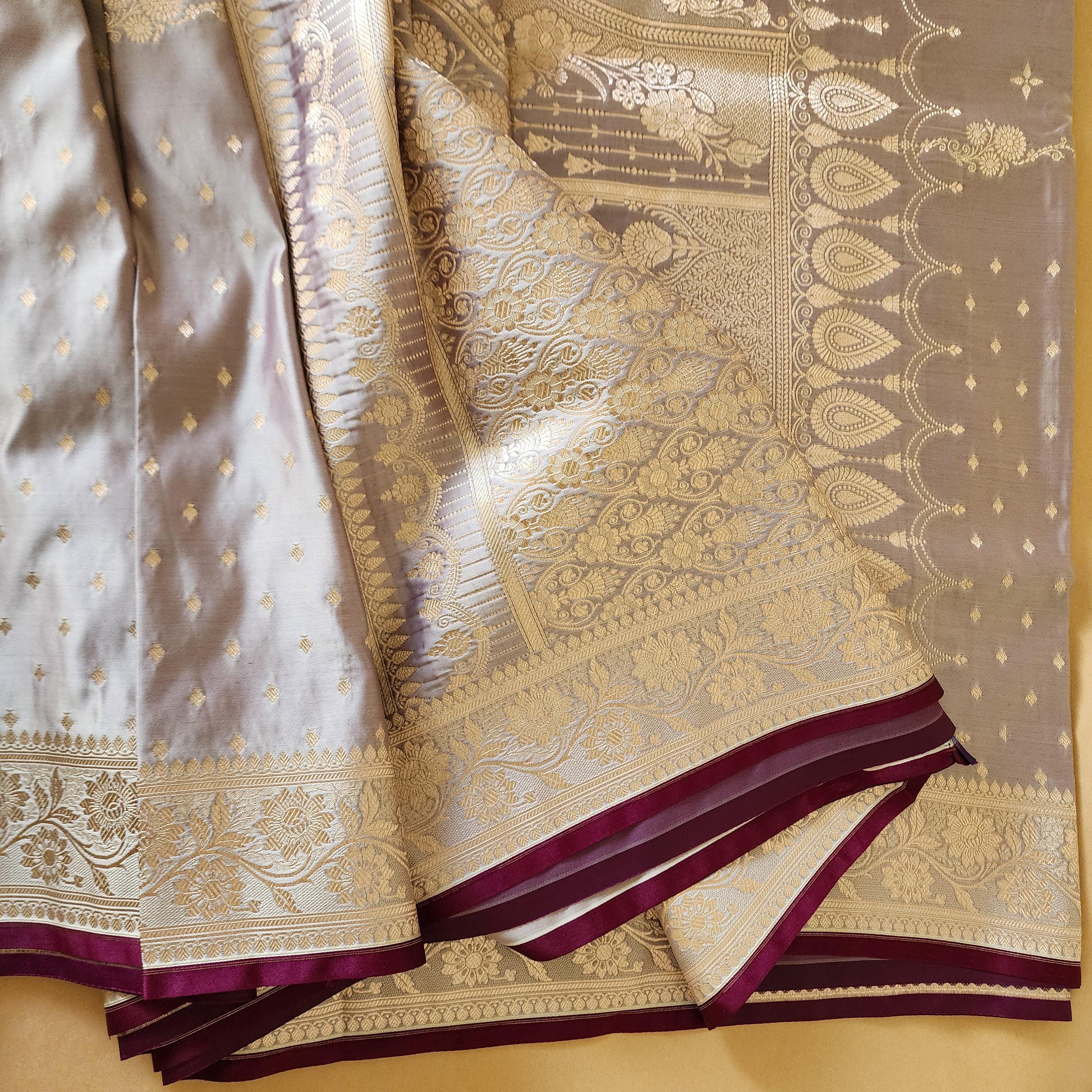 Grayish Purple Banarasi Katan Silk Saree | Light Gold Zari weaving