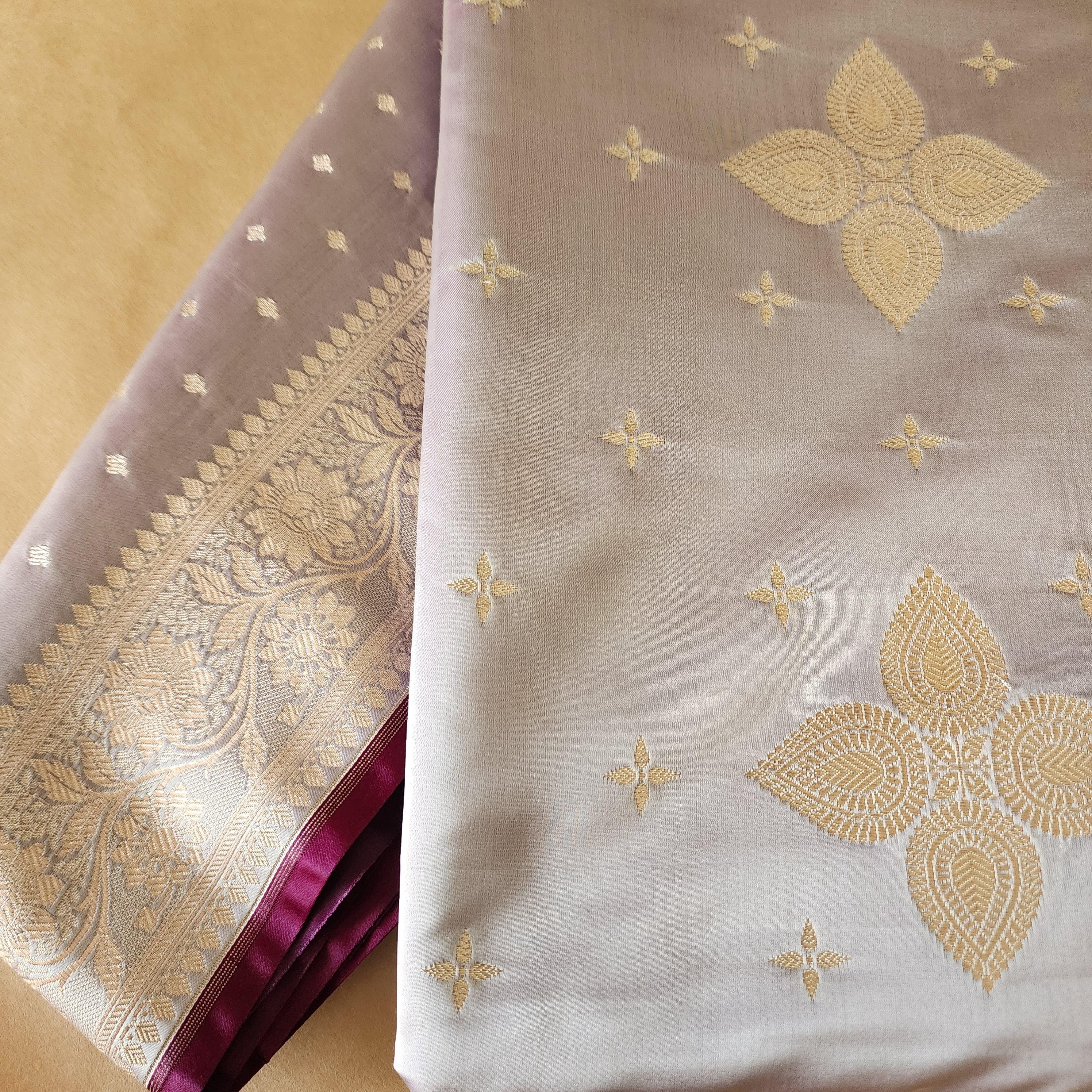 Grayish Purple Banarasi Katan Silk Saree | Light Gold Zari weaving