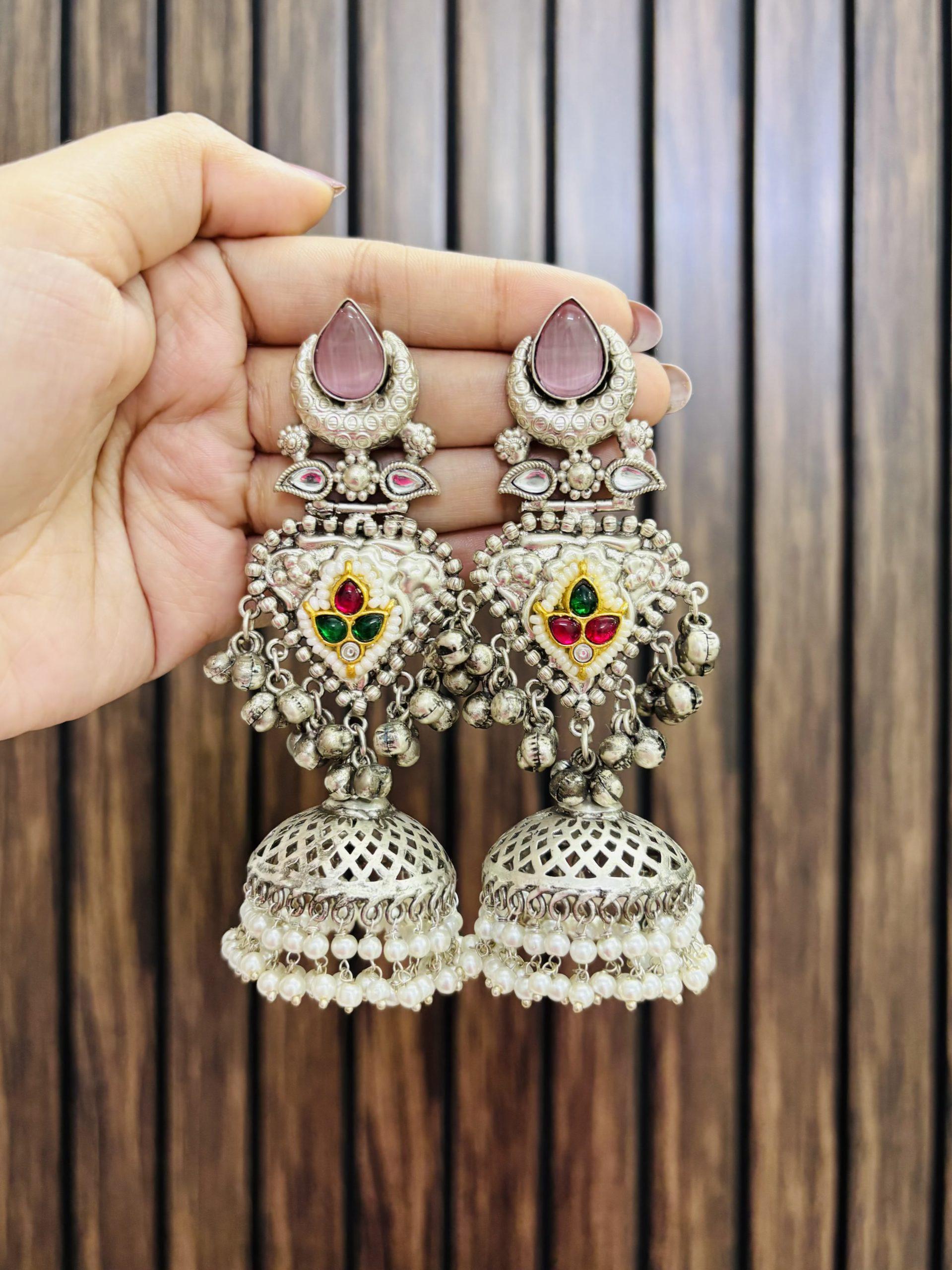 Silver Oxidized Dome Jhumkas | Boho Indian Earrings | Handcrafted Oxidized Jewelry for Women