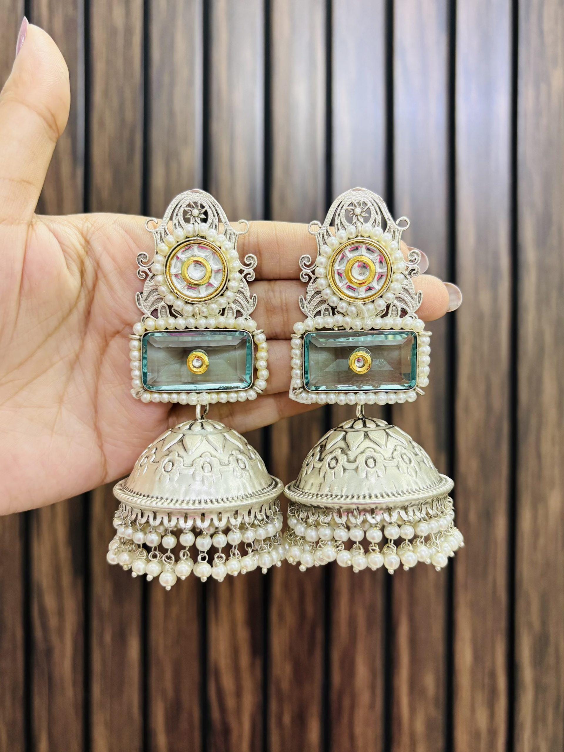 Silver Oxidized Jhumka Earrings with Green Beads | Boho Ethnic Jewelry | Festival Fashion Accessory