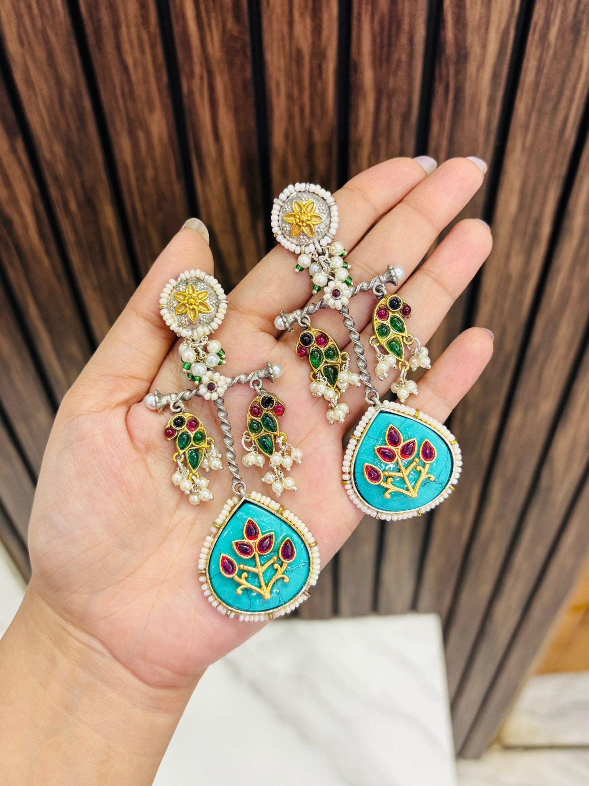 Turquoise Statement Earrings with Meenakari Work | Colorful Boho Jewelry | Ethnic Indian Earrings