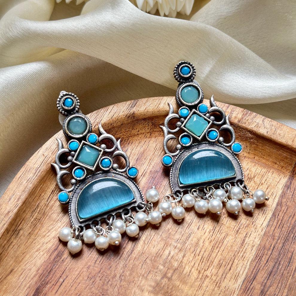 Turquoise Stone & Pearl Earrings  Minaz | Bohemian Chic Jewelry | Handmade Ethnic Earrings