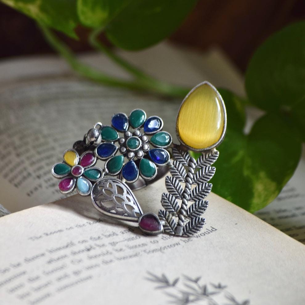Colorful Flower Leaf Statement Ring | Handmade Oxidized Silver Jewelry | Adjustable Boho Ring