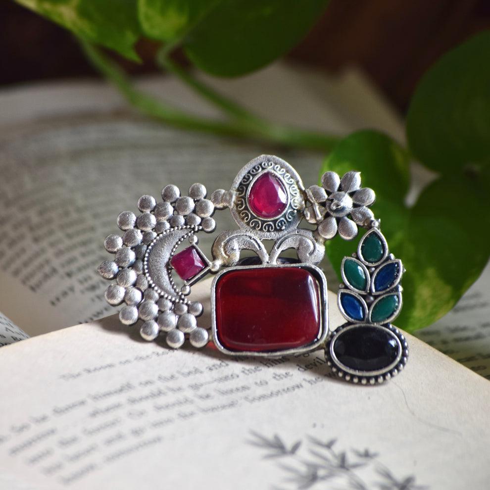 Red Stone Oxidized Silver Ring | Artistic Ethnic Jewelry | Adjustable Handcrafted Statement Ring