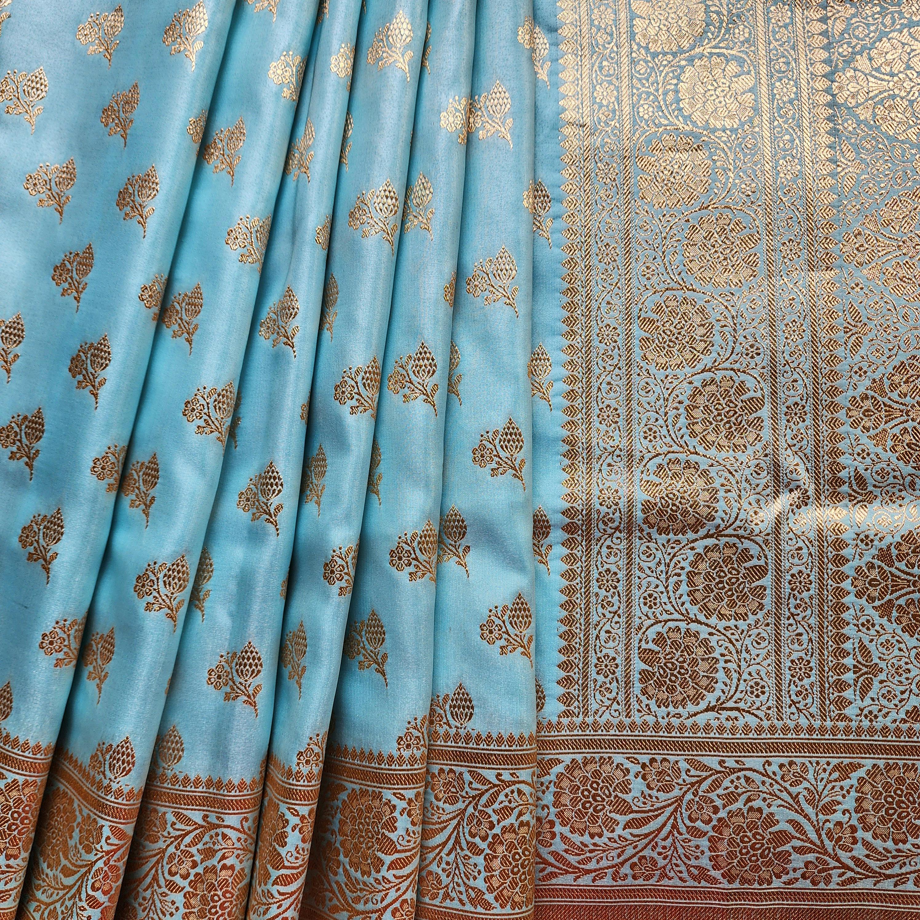 Rich Powder Blue Banarasi Silk Saree with Gold Zari Weaving