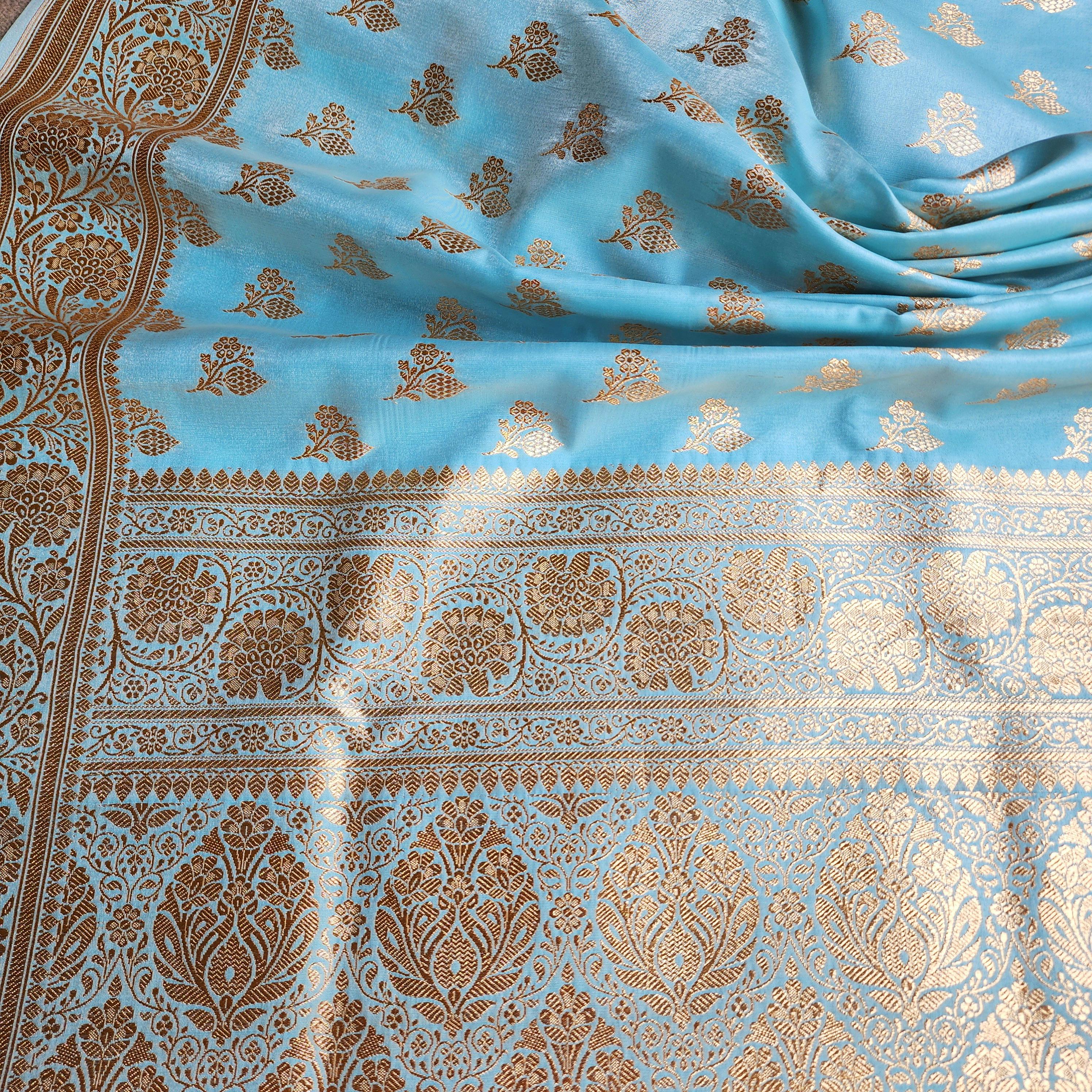 Rich Powder Blue Banarasi Silk Saree with Gold Zari Weaving