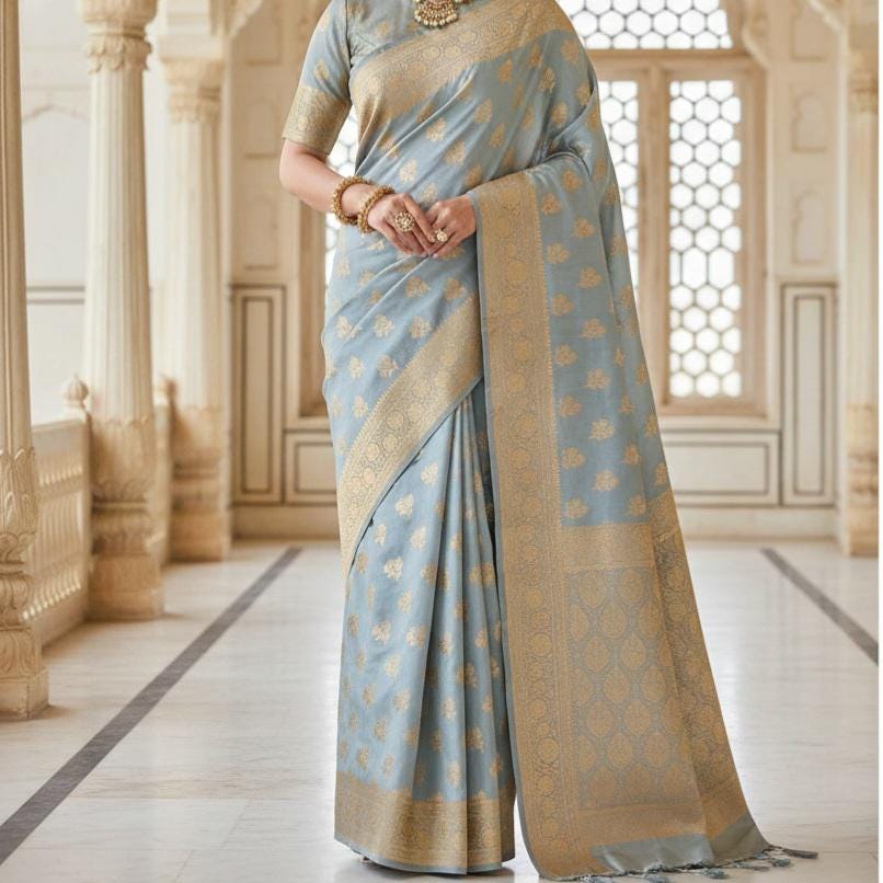 Rich Silver Grey Banarasi Silk Saree with Gold Zari Weaving