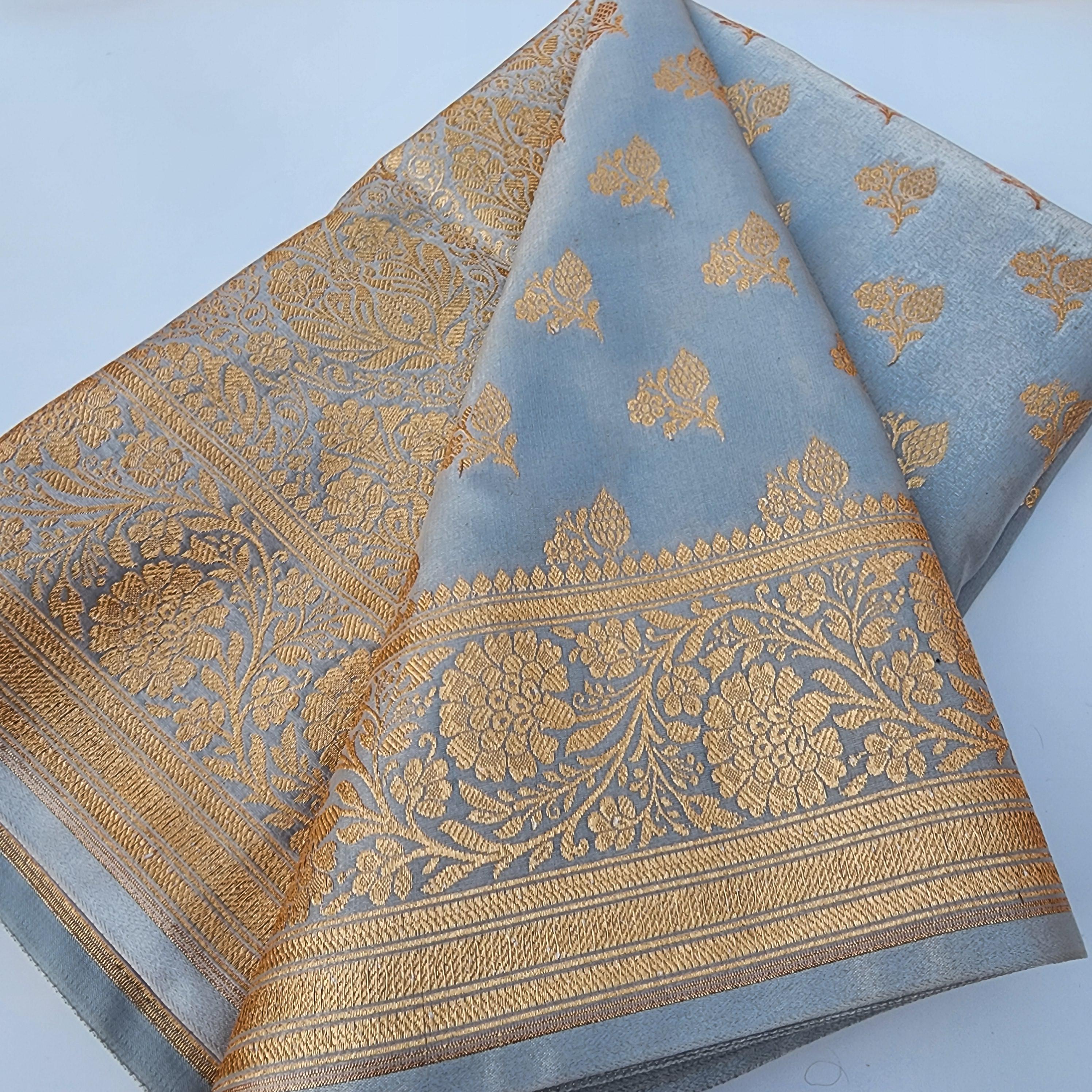 Rich Silver Grey Banarasi Silk Saree with Gold Zari Weaving