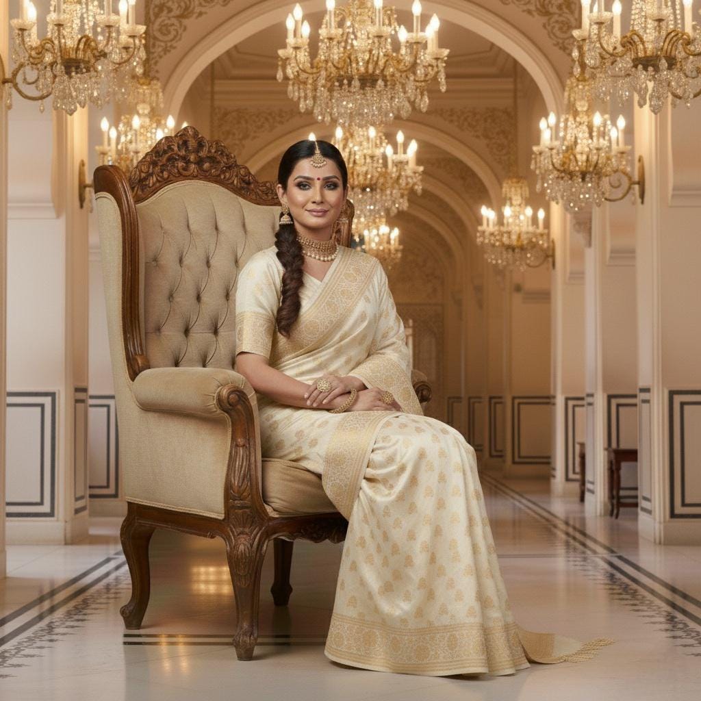 Rich Ivory Cream Banarasi Silk Saree with Gold Zari Weaving