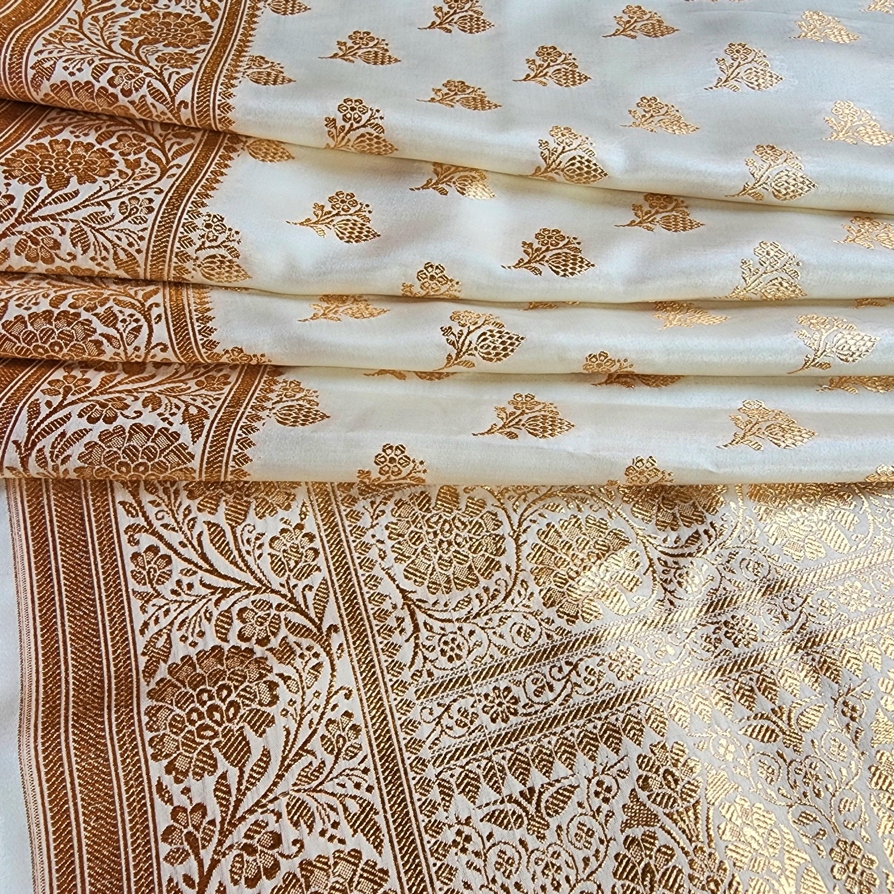 Rich Ivory Cream Banarasi Silk Saree with Gold Zari Weaving