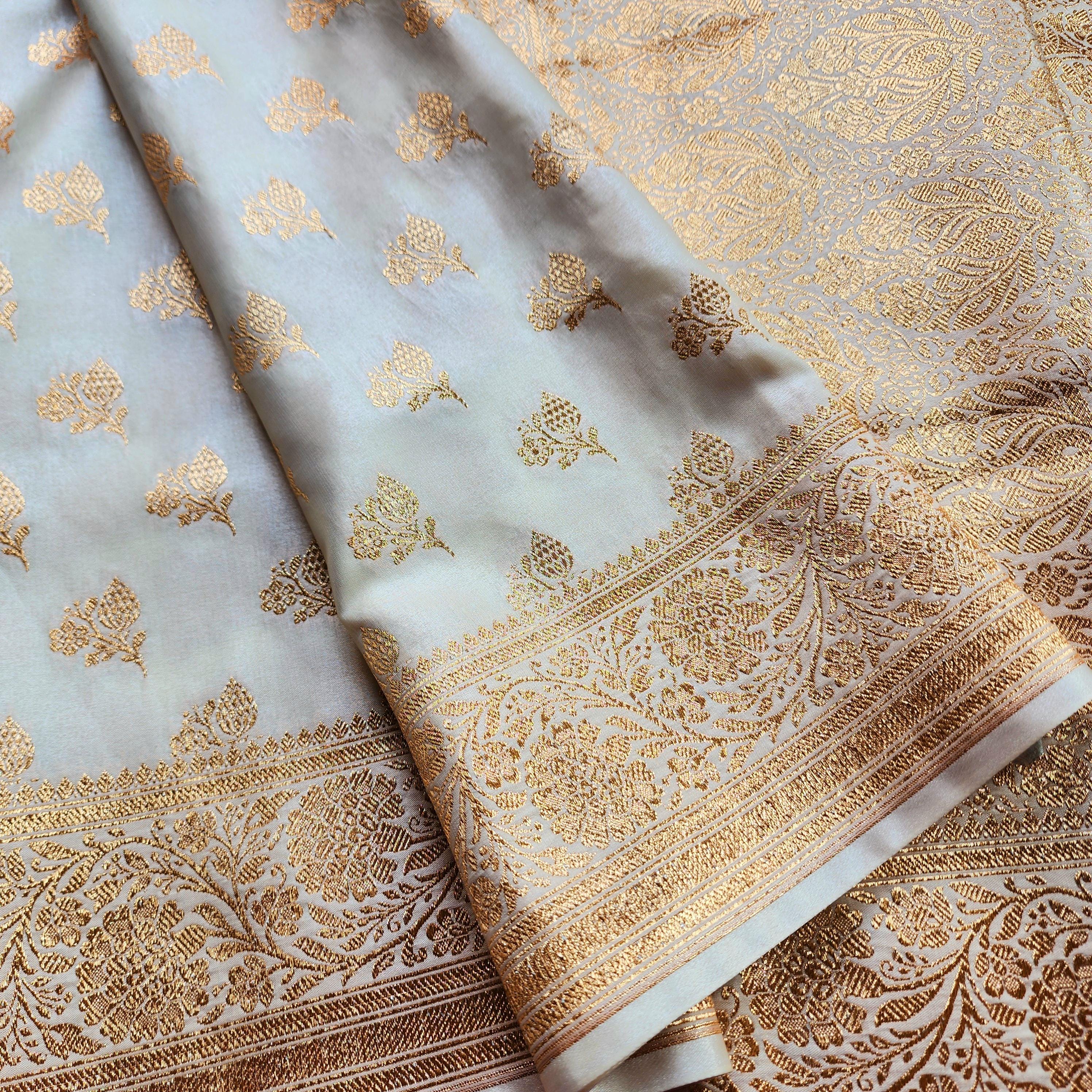 Rich Ivory Cream Banarasi Silk Saree with Gold Zari Weaving