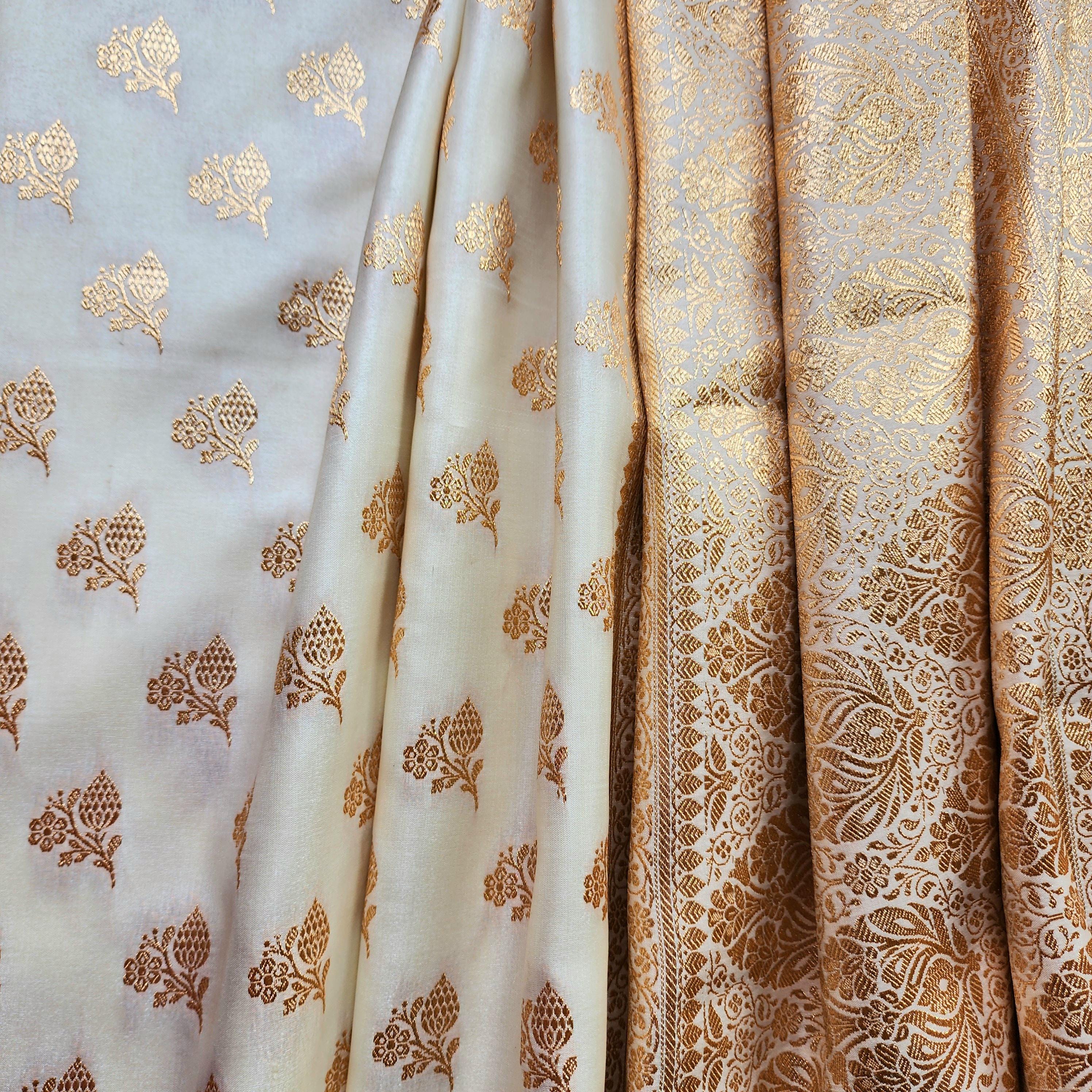 Rich Ivory Cream Banarasi Silk Saree with Gold Zari Weaving