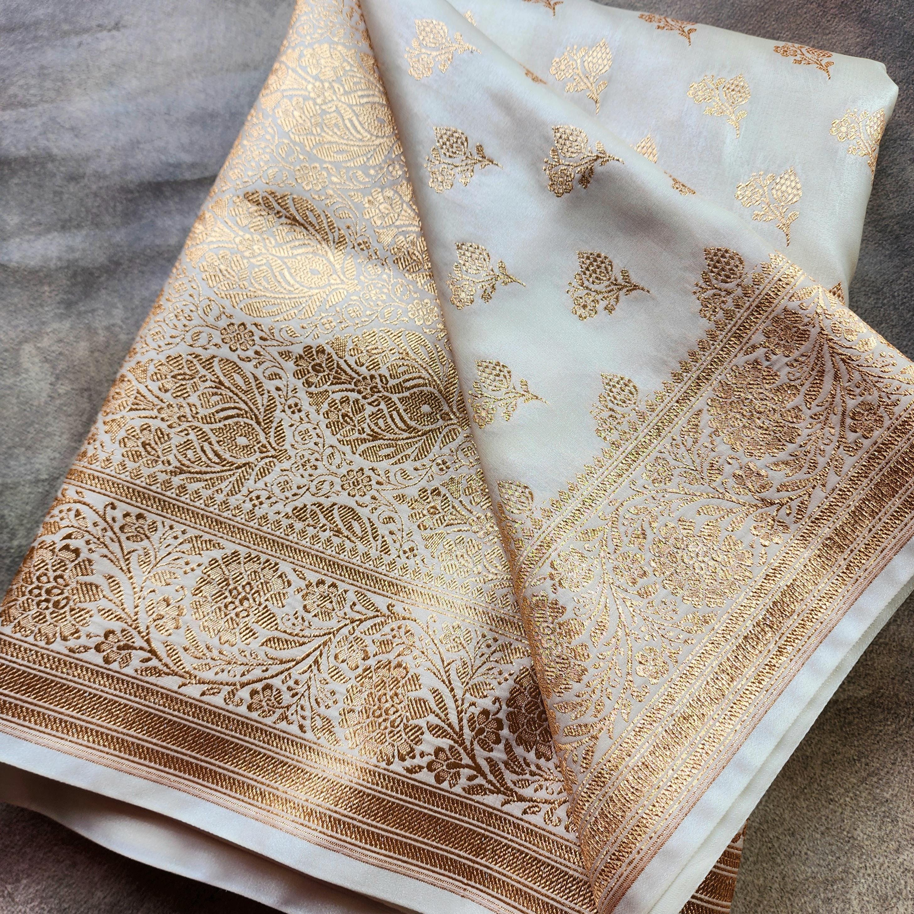 Rich Ivory Cream Banarasi Silk Saree with Gold Zari Weaving