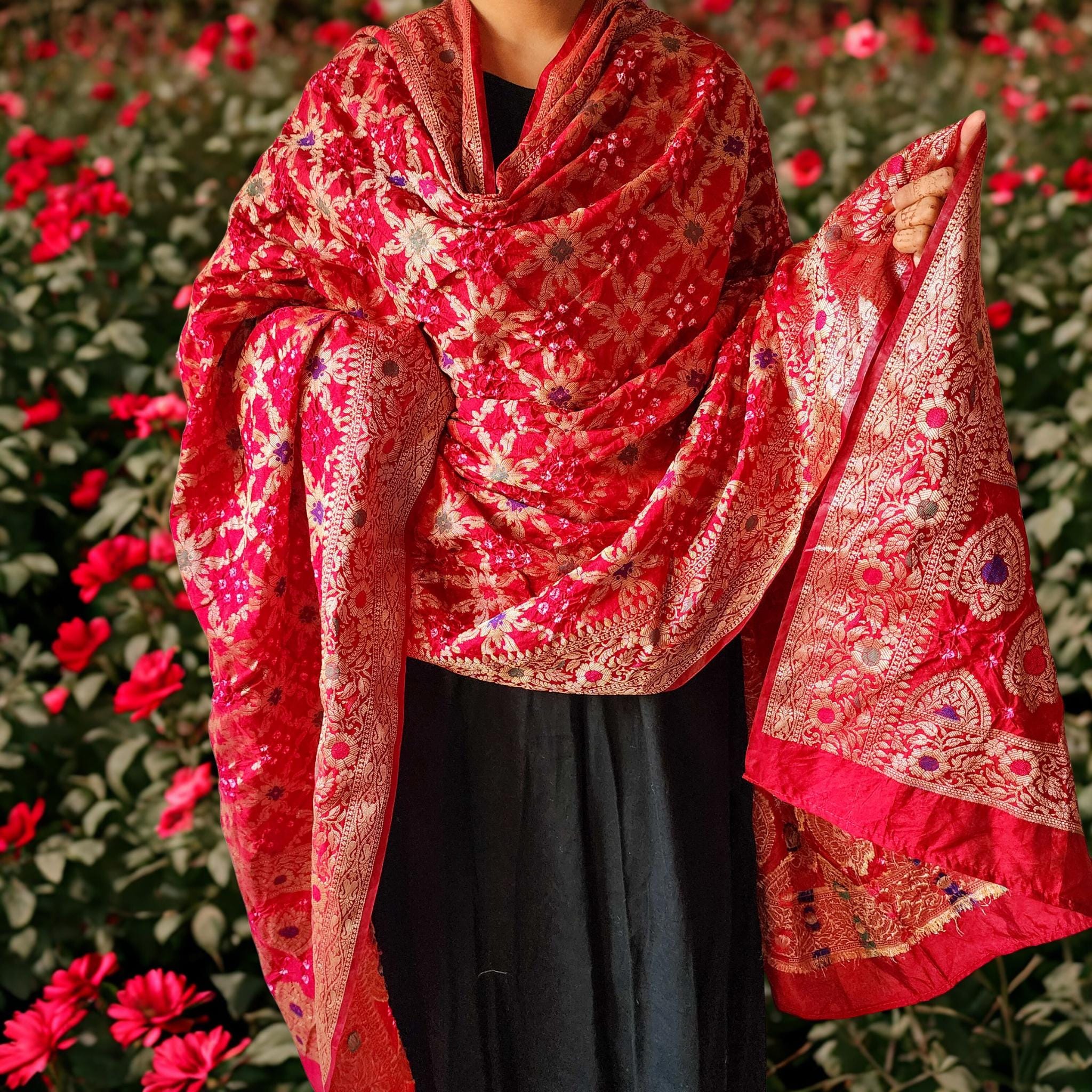 Maroon Red Bandhni dupatta with Banarasi Meenakari work