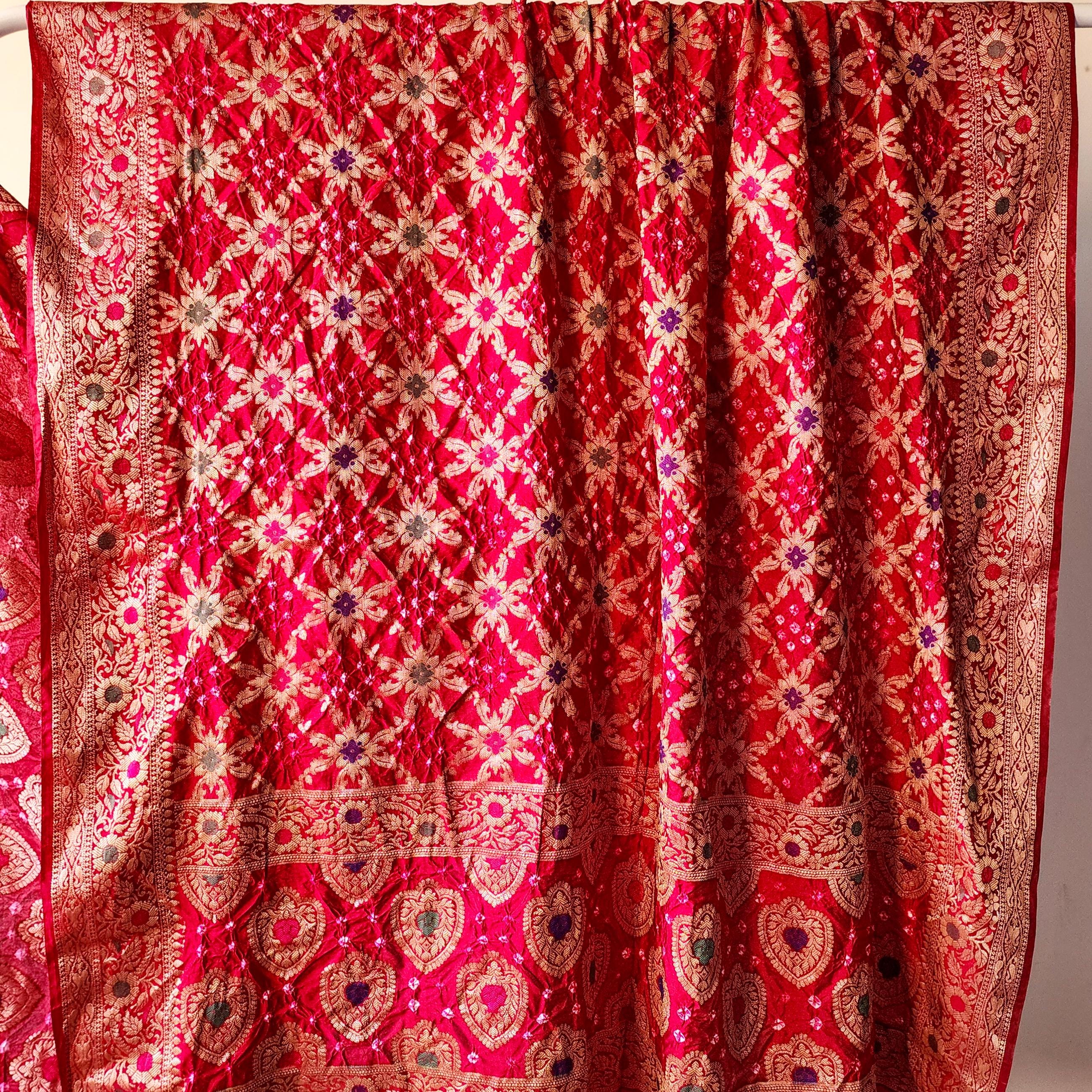 Maroon Red Bandhni dupatta with Banarasi Meenakari work