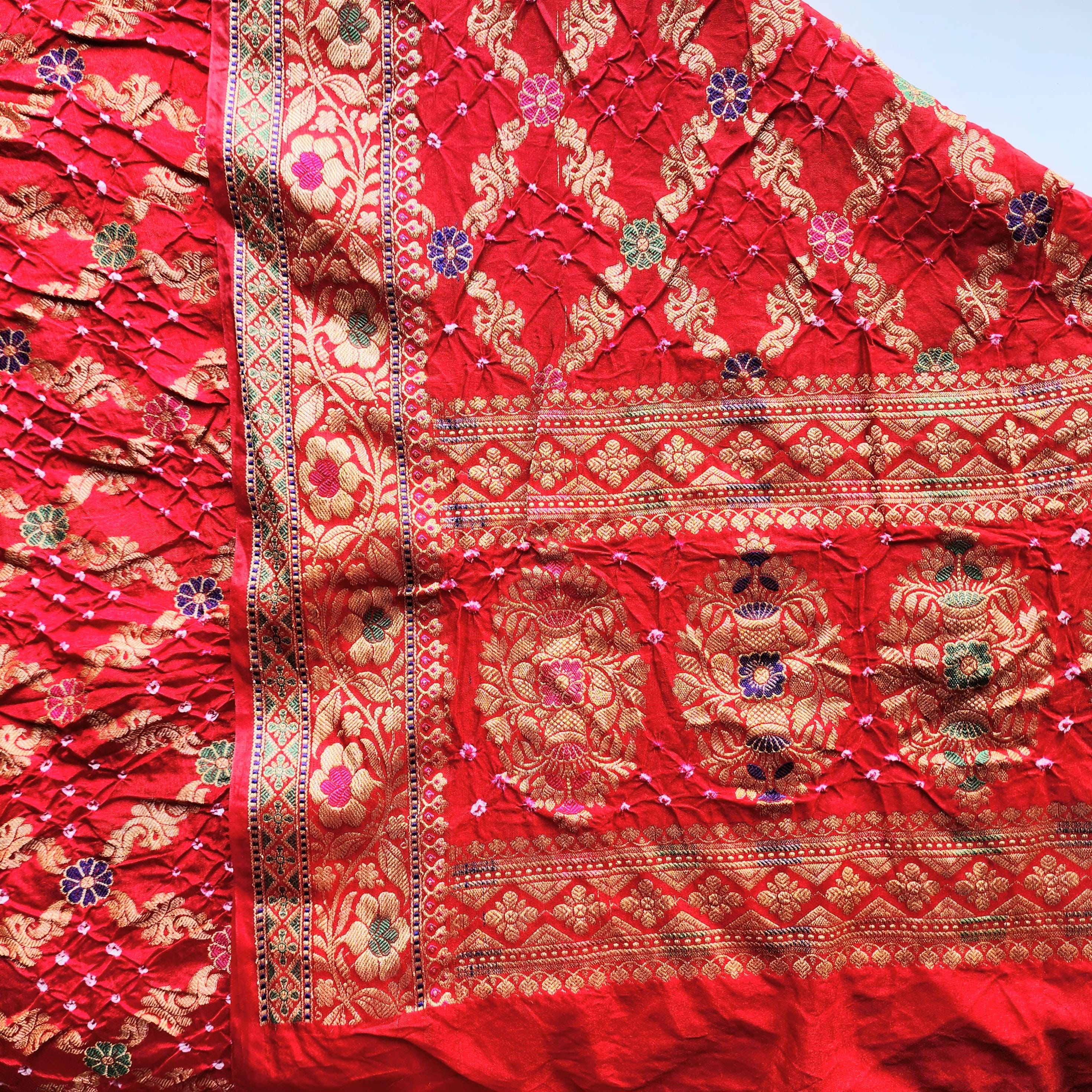 Rich Red Bandhni dupatta with Banarasi Meenakari work