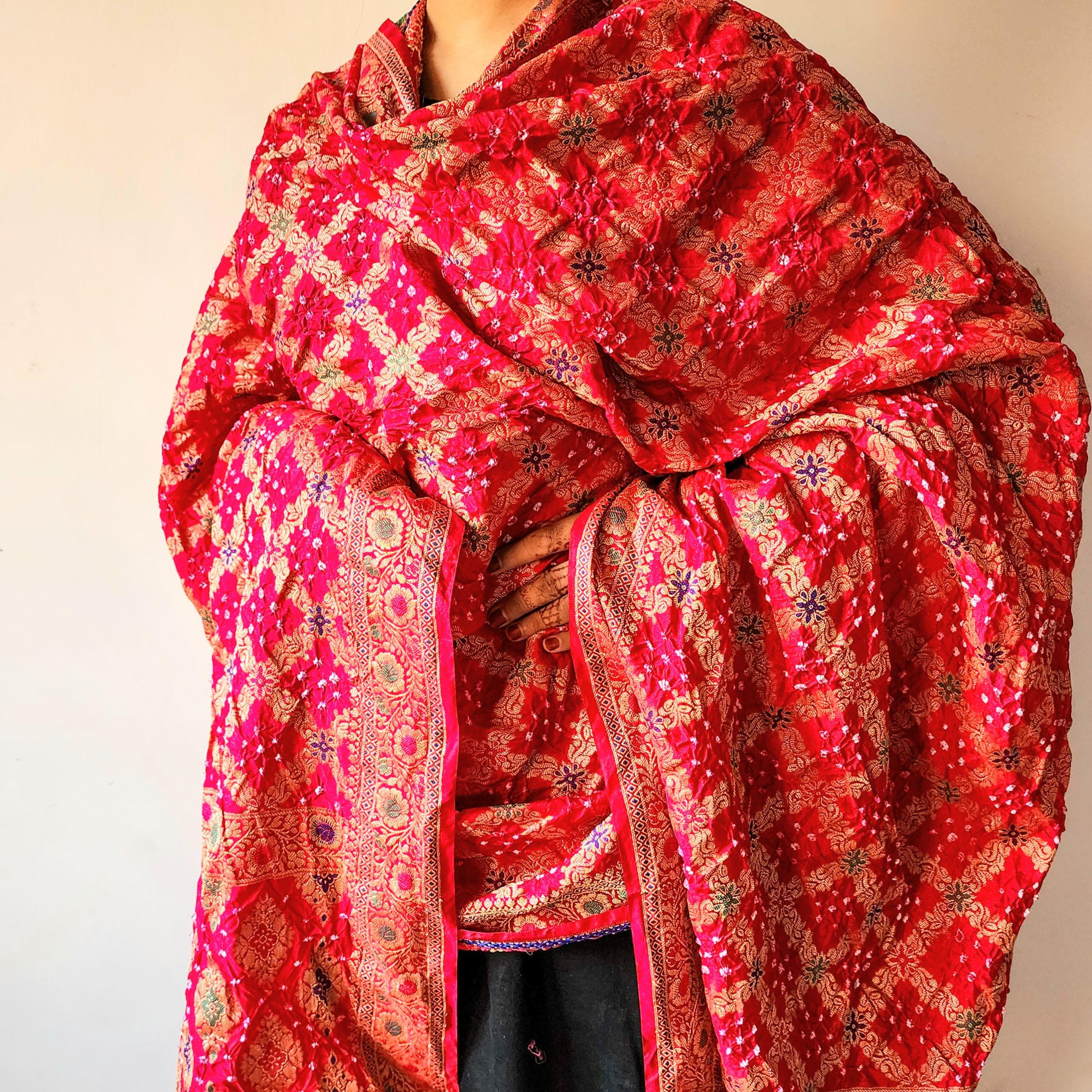 Rani Pink Bandhni dupatta with Banarasi Meenakari work