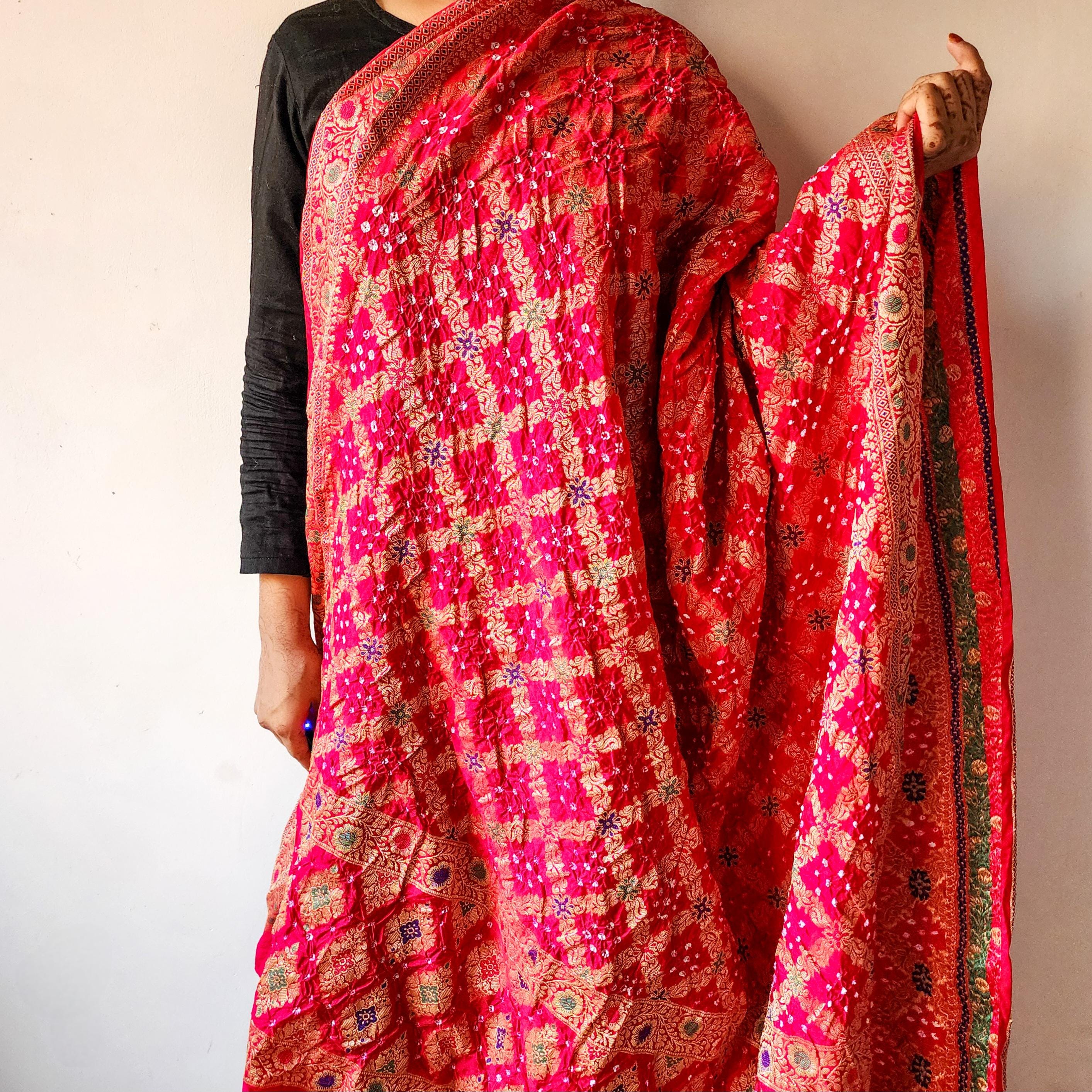 Rani Pink Bandhni dupatta with Banarasi Meenakari work
