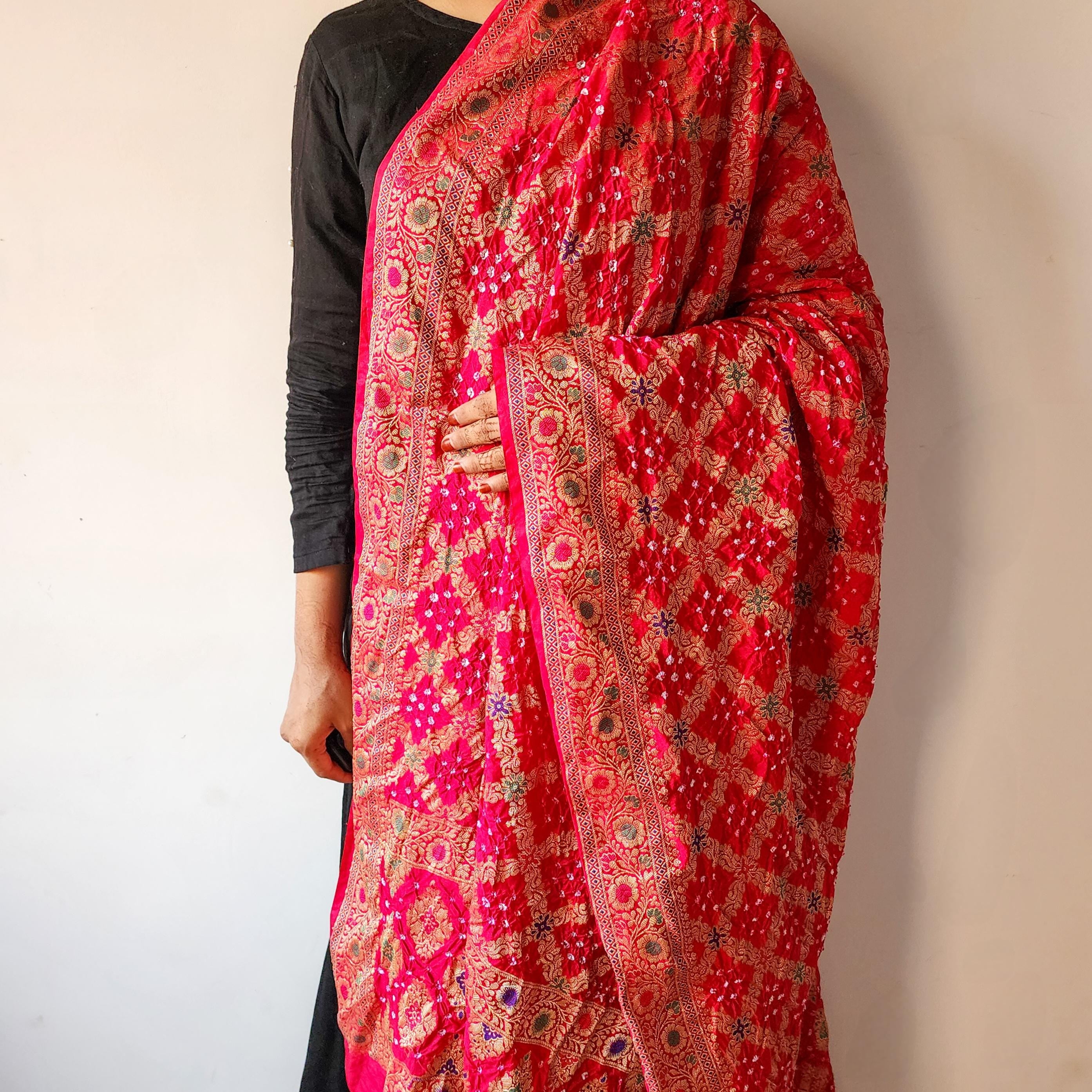 Rani Pink Bandhni dupatta with Banarasi Meenakari work