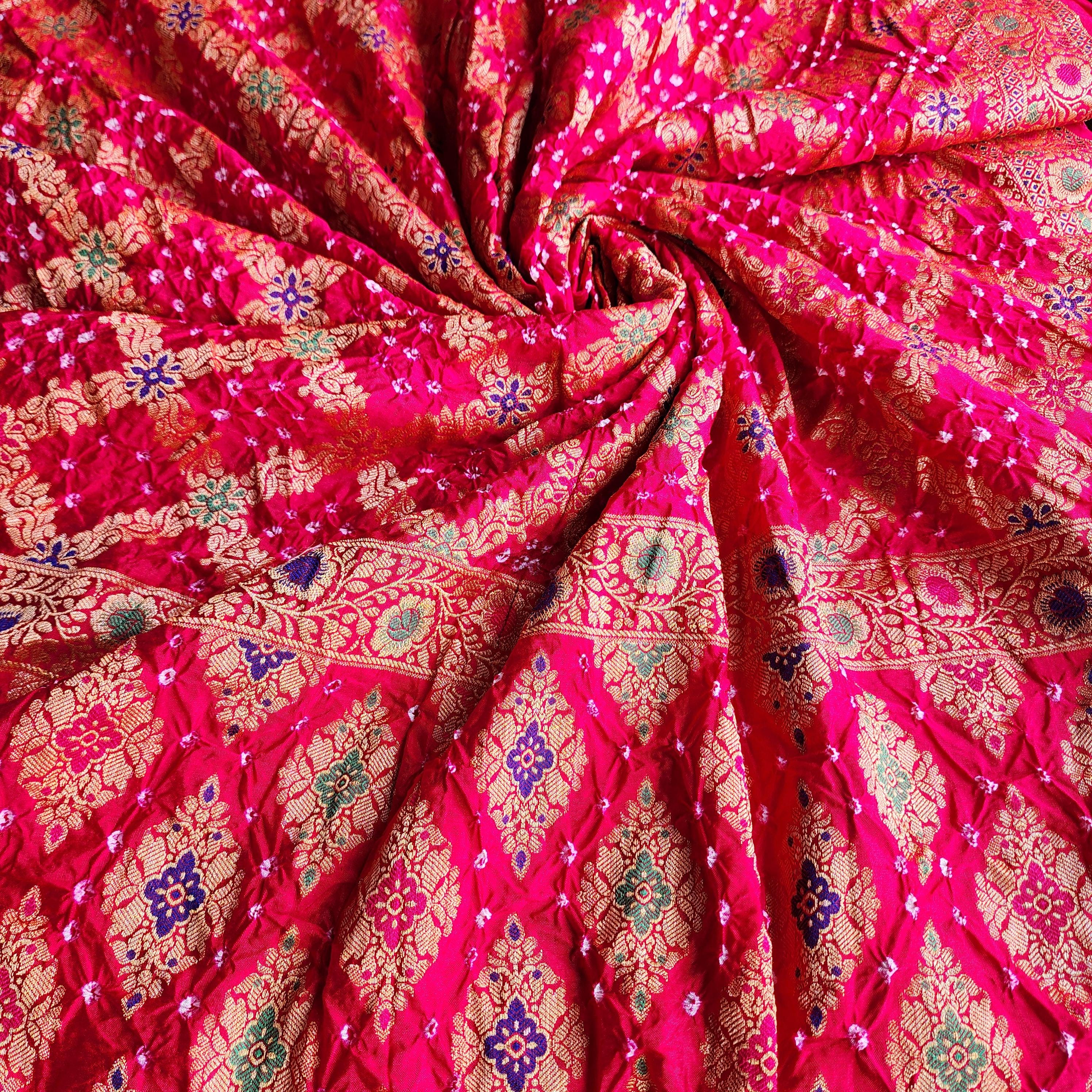 Rani Pink Bandhni dupatta with Banarasi Meenakari work