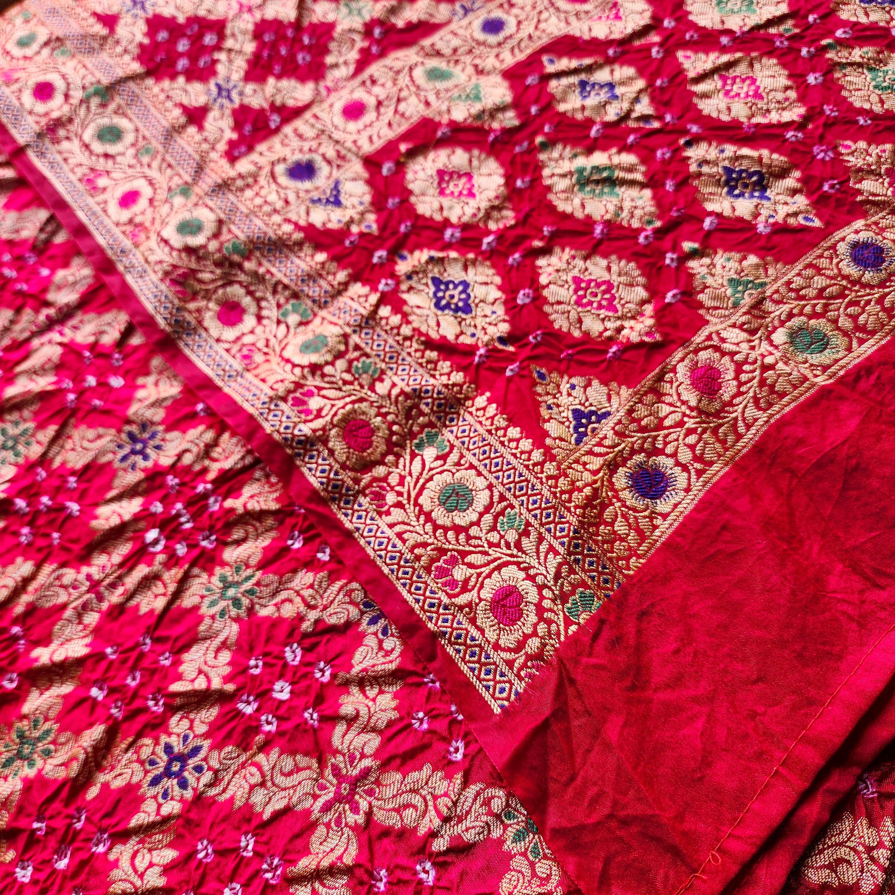 Rani Pink Bandhni dupatta with Banarasi Meenakari work