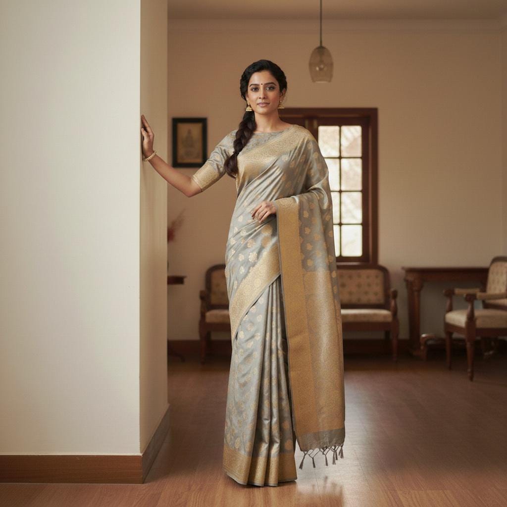 Rich Silver Gray Banarasi Katan Silk Saree | Light Gold Zari weaving