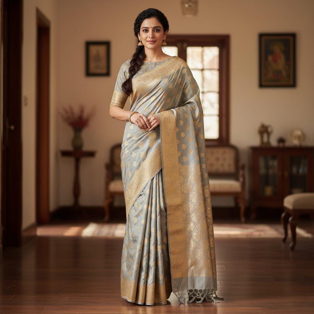 Rich Silver Gray Banarasi Katan Silk Saree | Light Gold Zari weaving