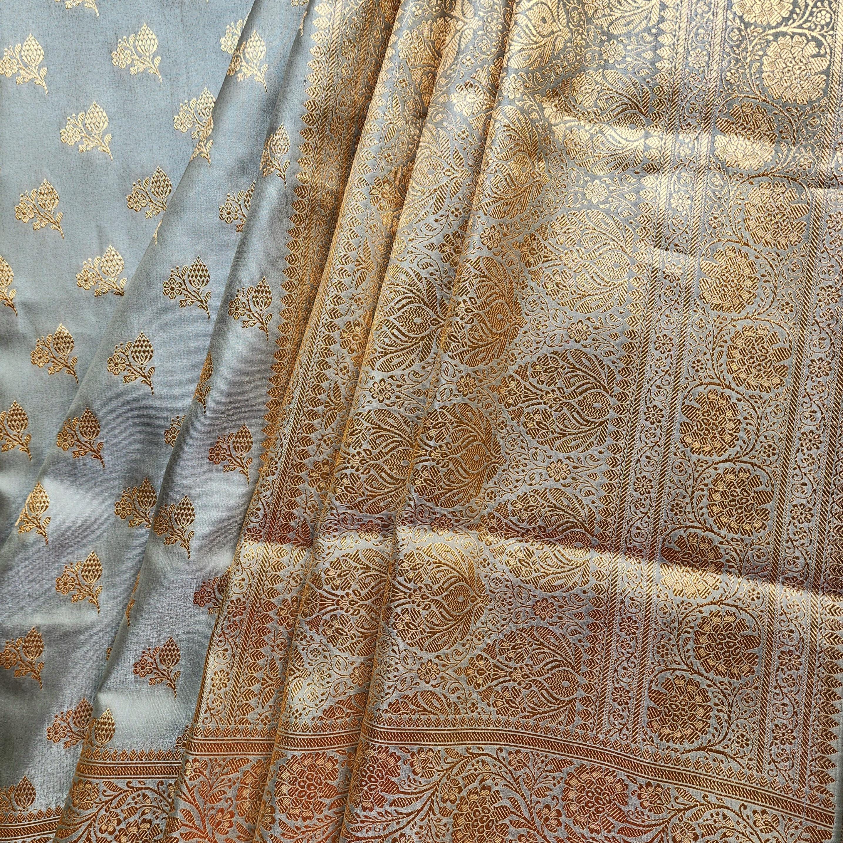 Rich Silver Gray Banarasi Katan Silk Saree | Light Gold Zari weaving