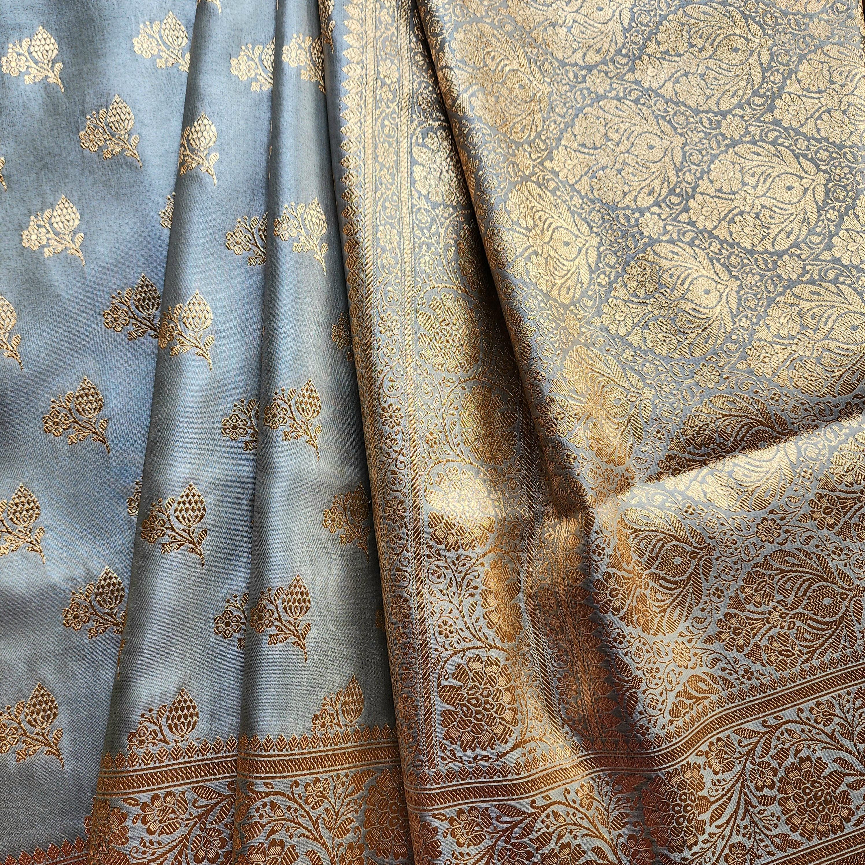 Rich Silver Gray Banarasi Katan Silk Saree | Light Gold Zari weaving