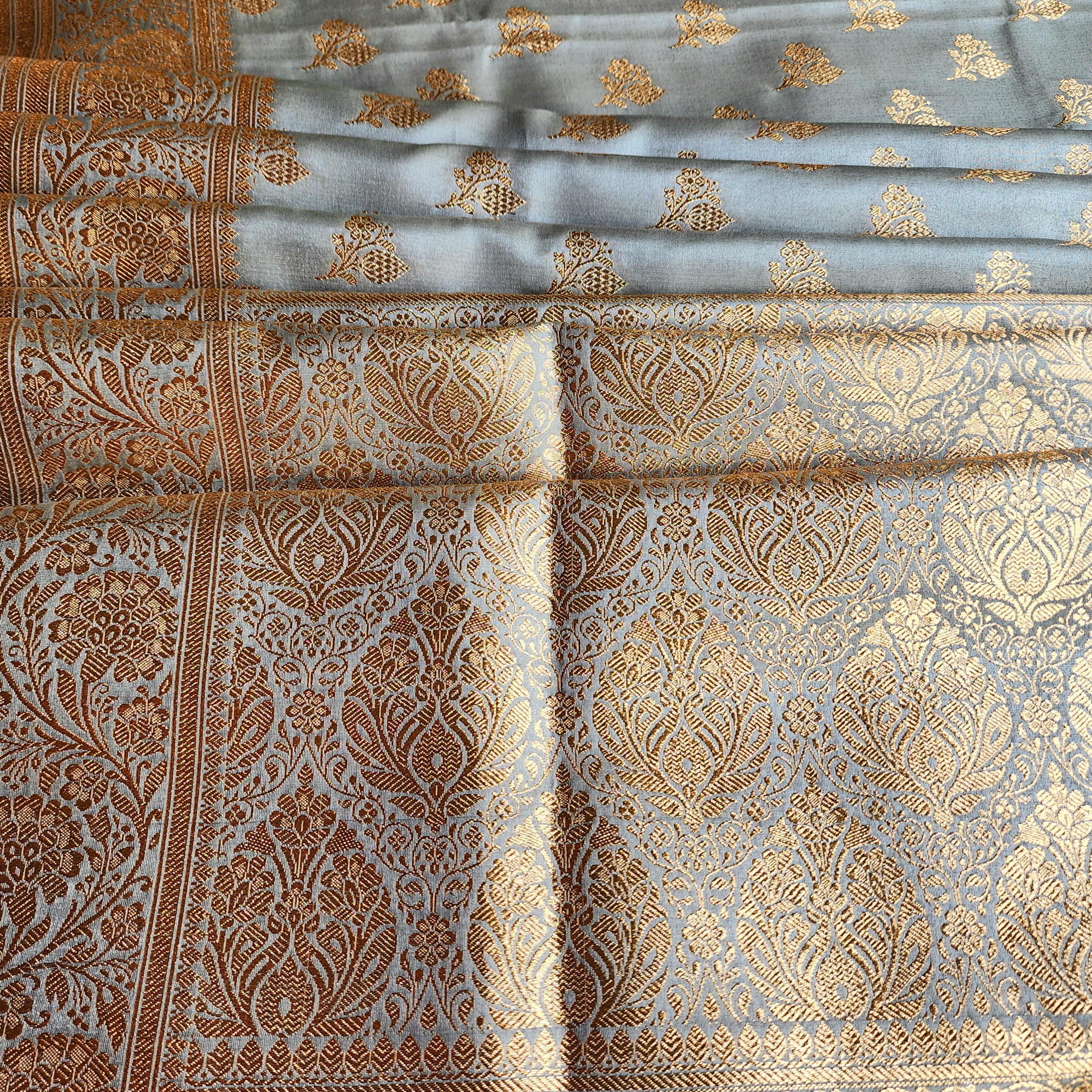 Rich Silver Gray Banarasi Katan Silk Saree | Light Gold Zari weaving