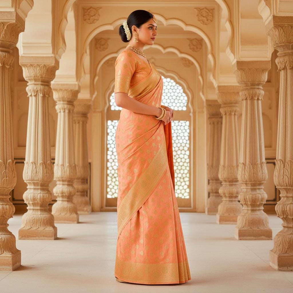 Rich Orange Banarasi Silk Saree with Gold Zari Weaving