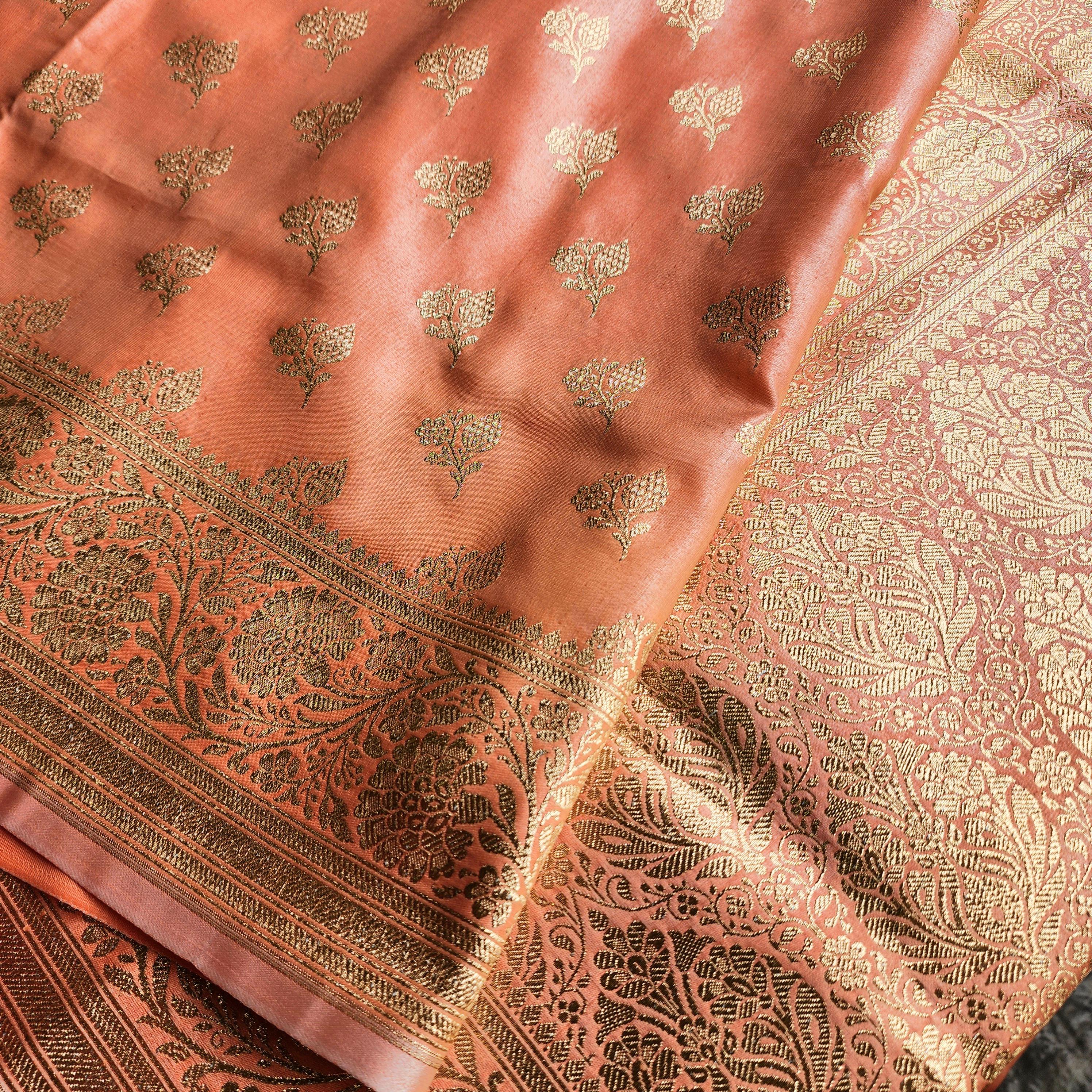 Rich Orange Banarasi Silk Saree with Gold Zari Weaving