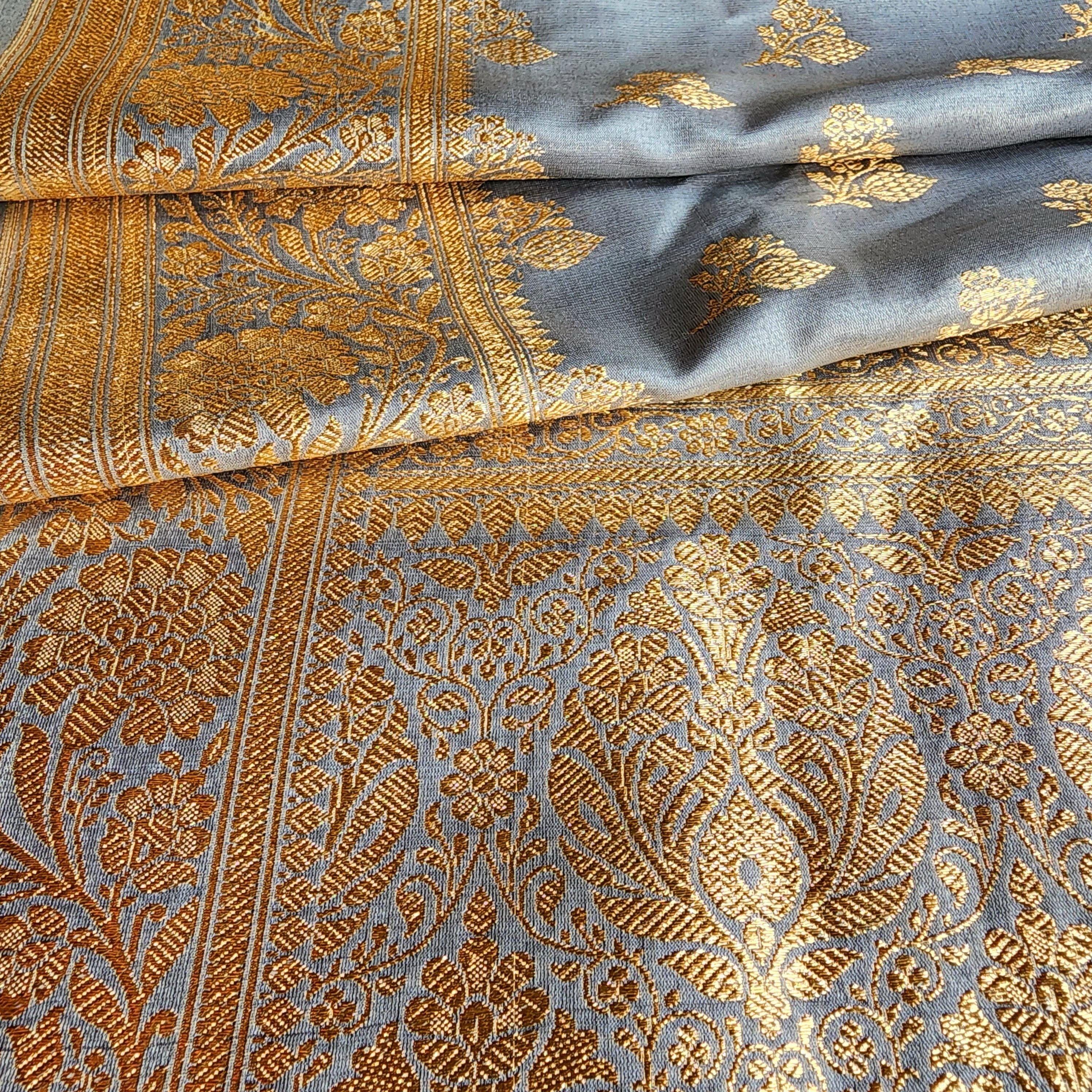Rich Steel Blue Banarasi Silk Saree with Gold Zari Weaving