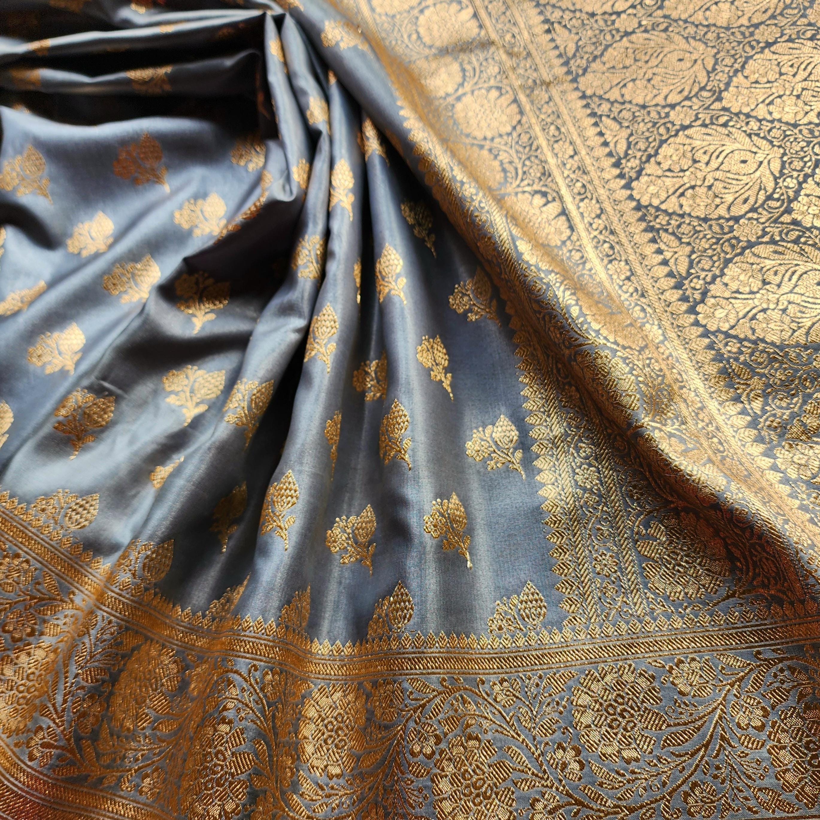 Rich Steel Blue Banarasi Silk Saree with Gold Zari Weaving