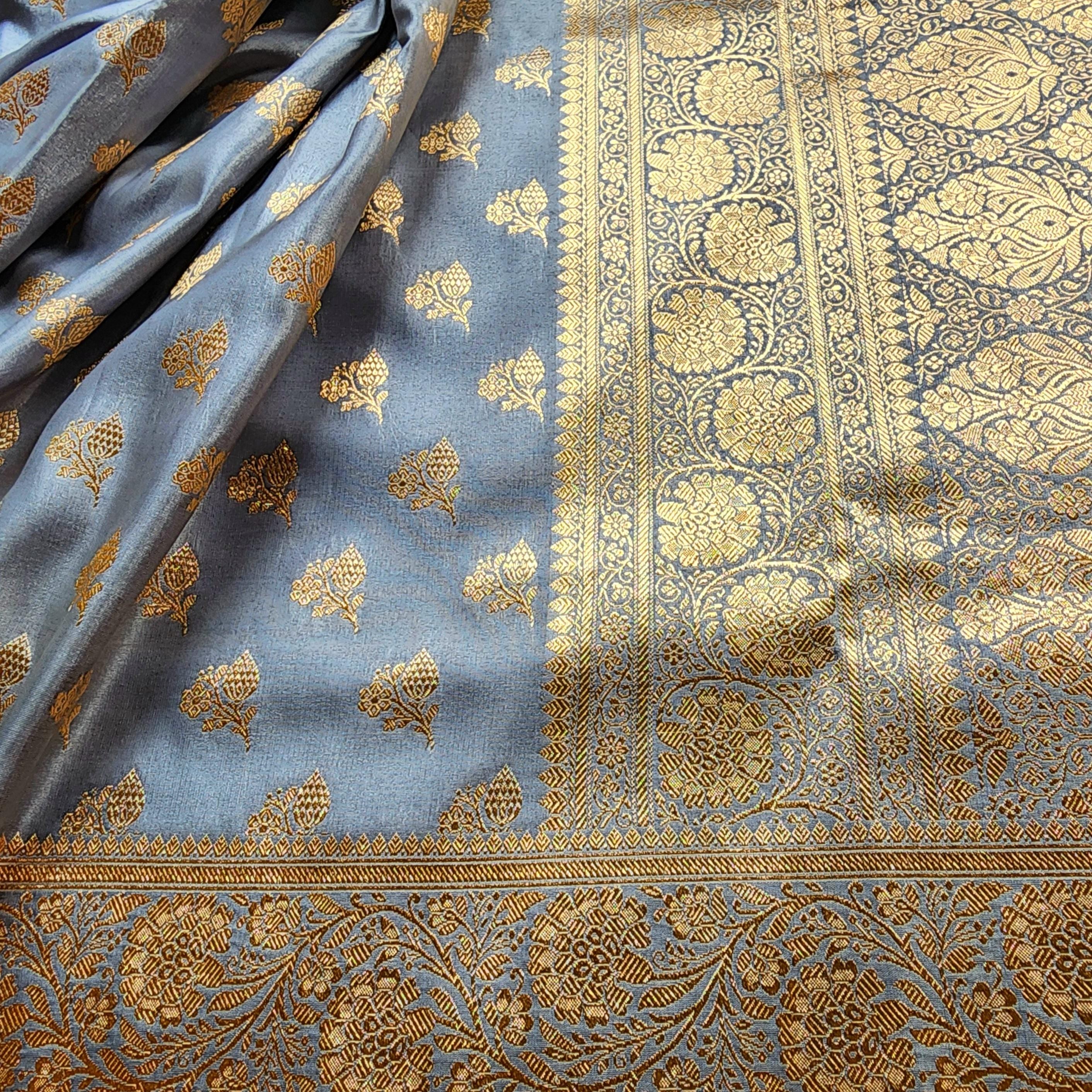Rich Steel Blue Banarasi Silk Saree with Gold Zari Weaving