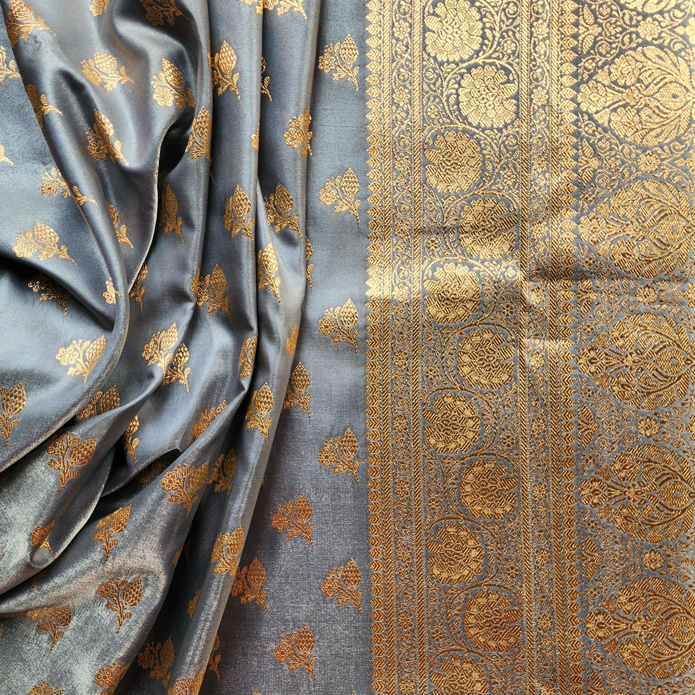 Rich Steel Blue Banarasi Silk Saree with Gold Zari Weaving