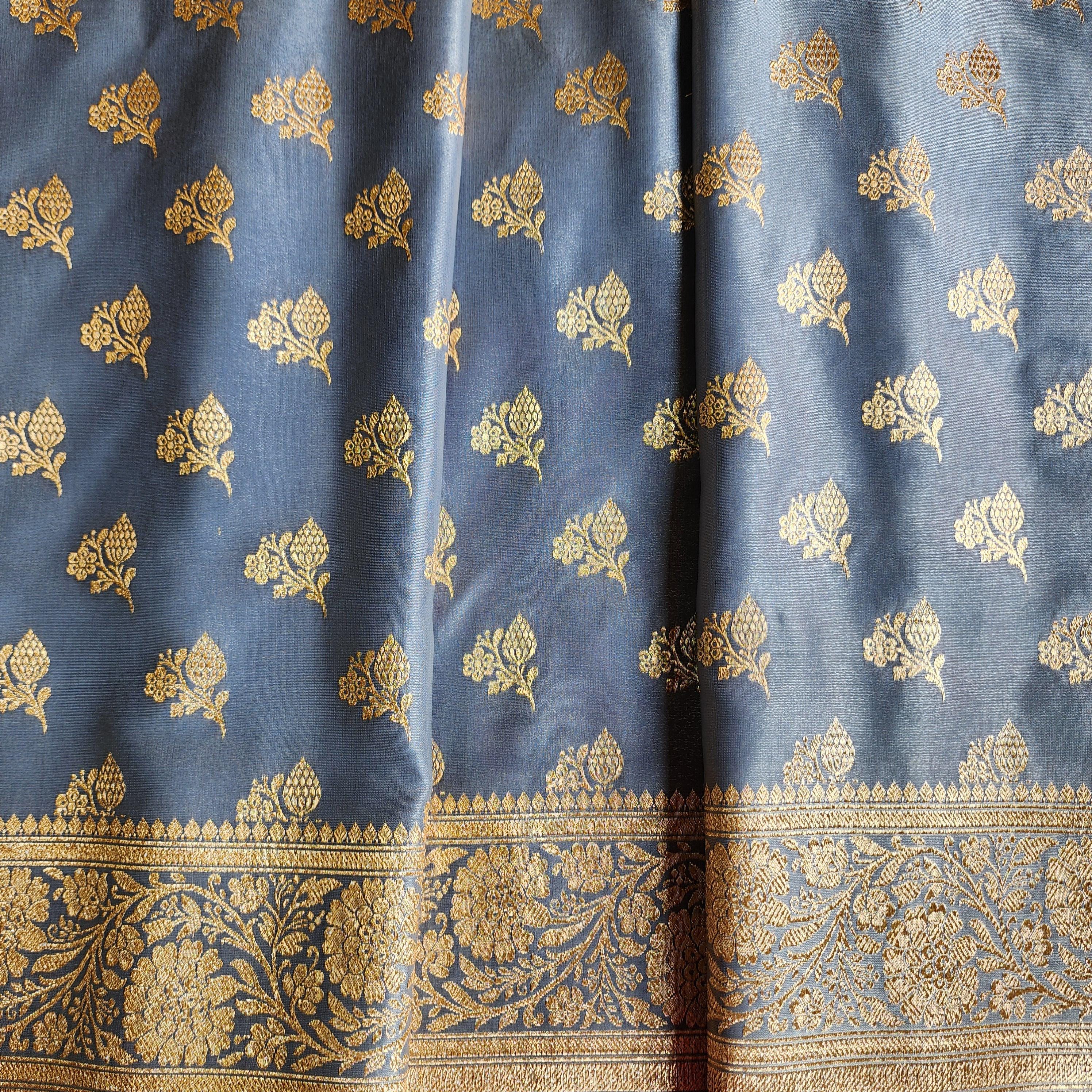 Rich Steel Blue Banarasi Silk Saree with Gold Zari Weaving