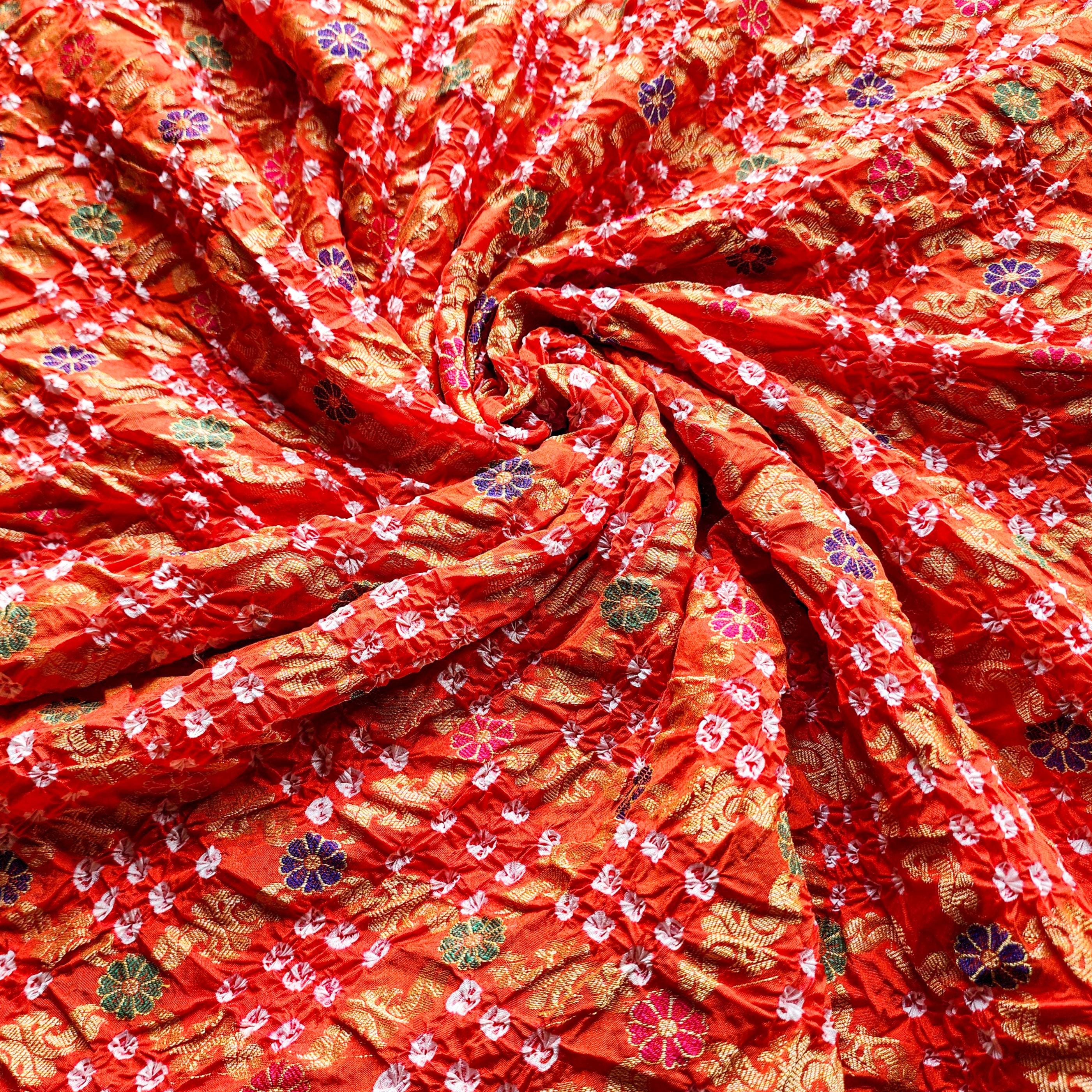 Orange Bandhni dupatta with Banarasi Meenakari work