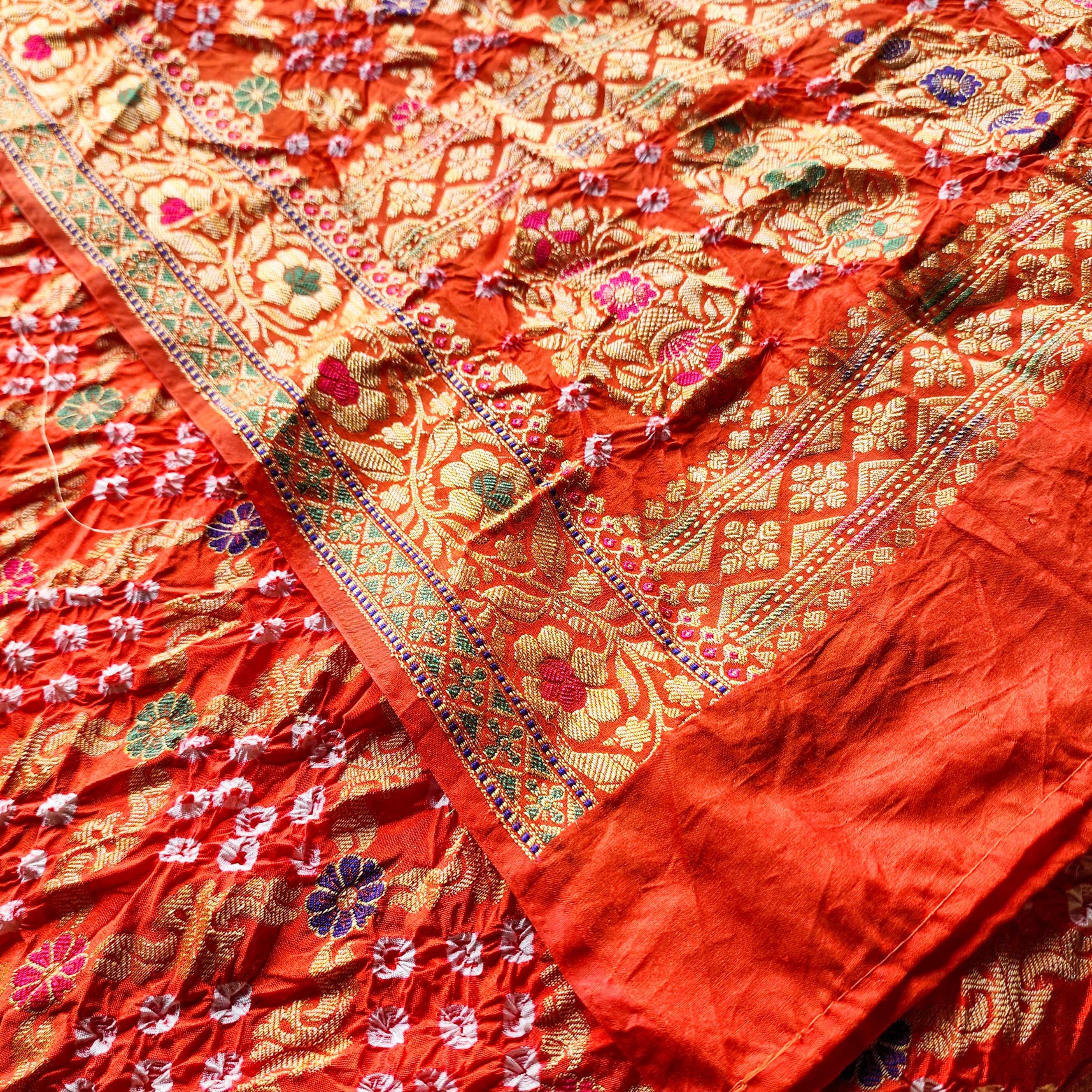 Orange Bandhni dupatta with Banarasi Meenakari work