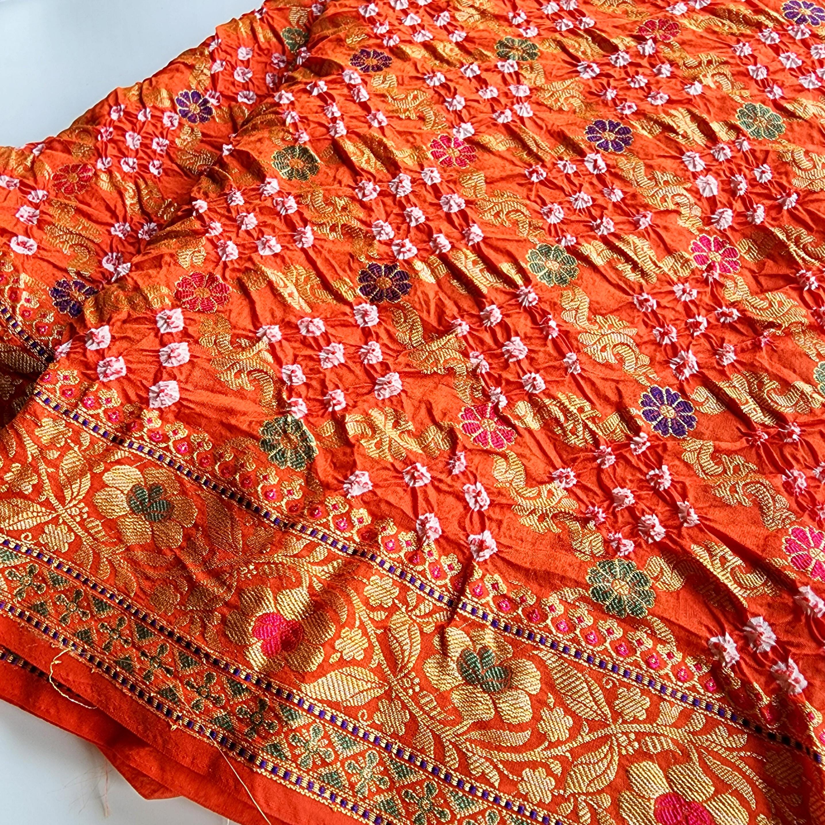 Orange Bandhni dupatta with Banarasi Meenakari work