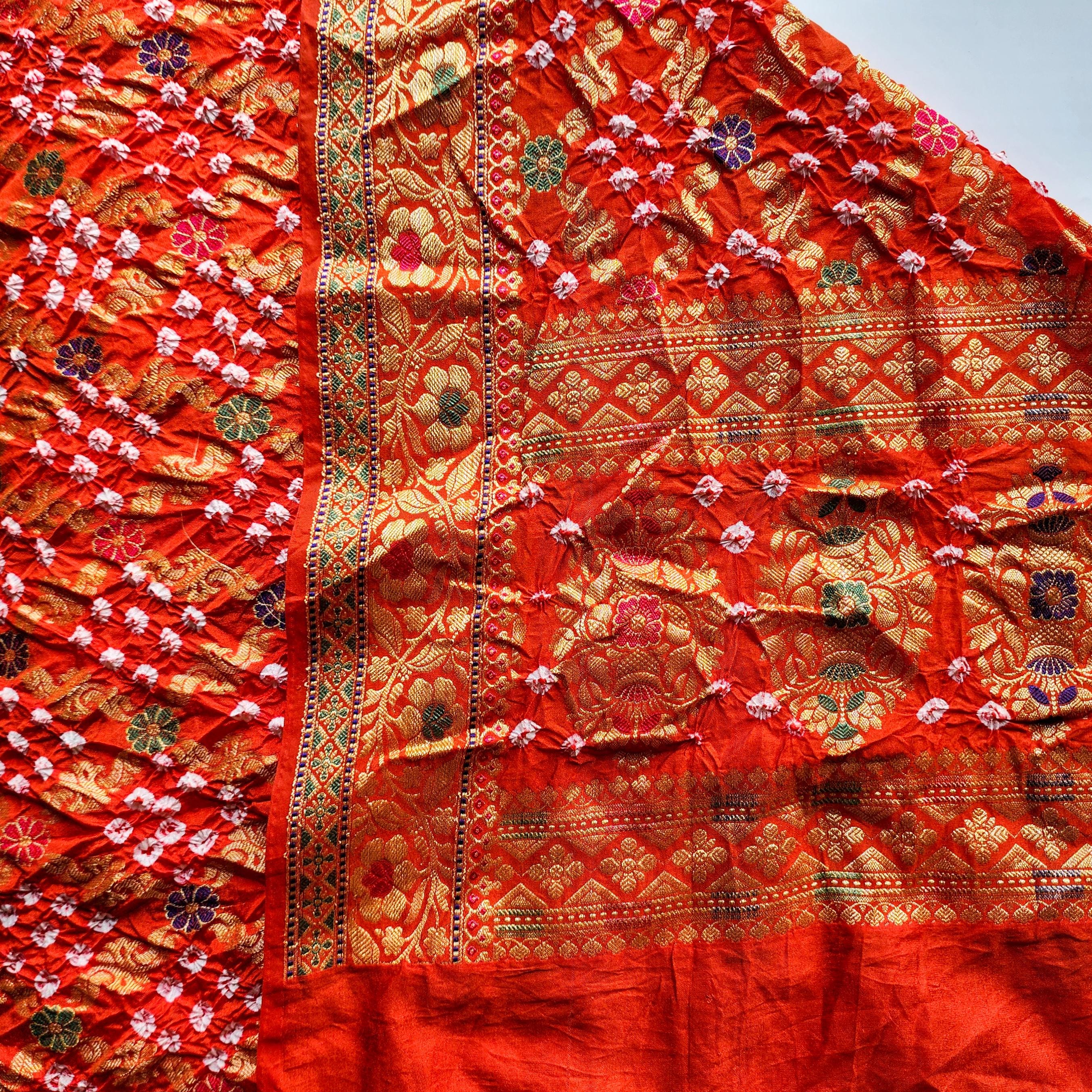 Orange Bandhni dupatta with Banarasi Meenakari work