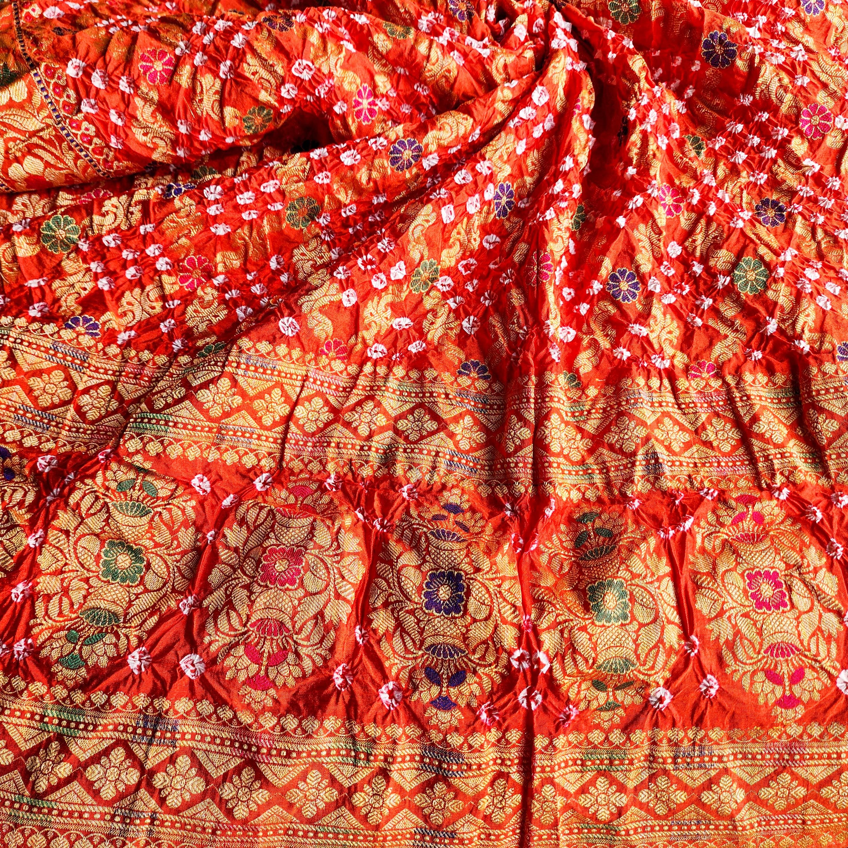 Orange Bandhni dupatta with Banarasi Meenakari work