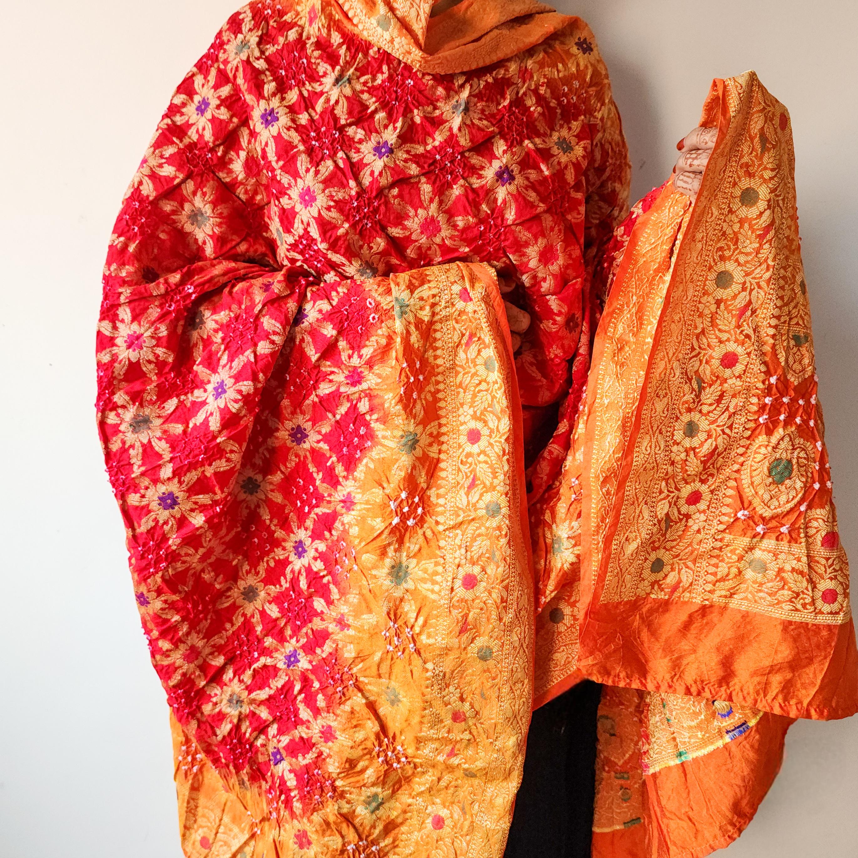 Dual-Tone Maroon-Orange Bandhni Dupatta with Golden Border & Banarasi Meenakari Work