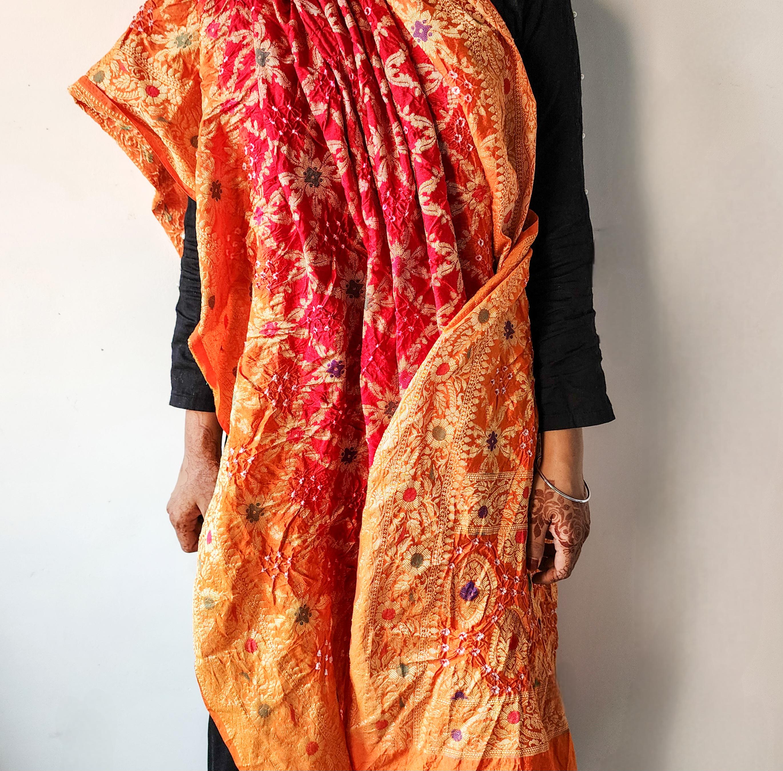 Dual-Tone Maroon-Orange Bandhni Dupatta with Golden Border & Banarasi Meenakari Work